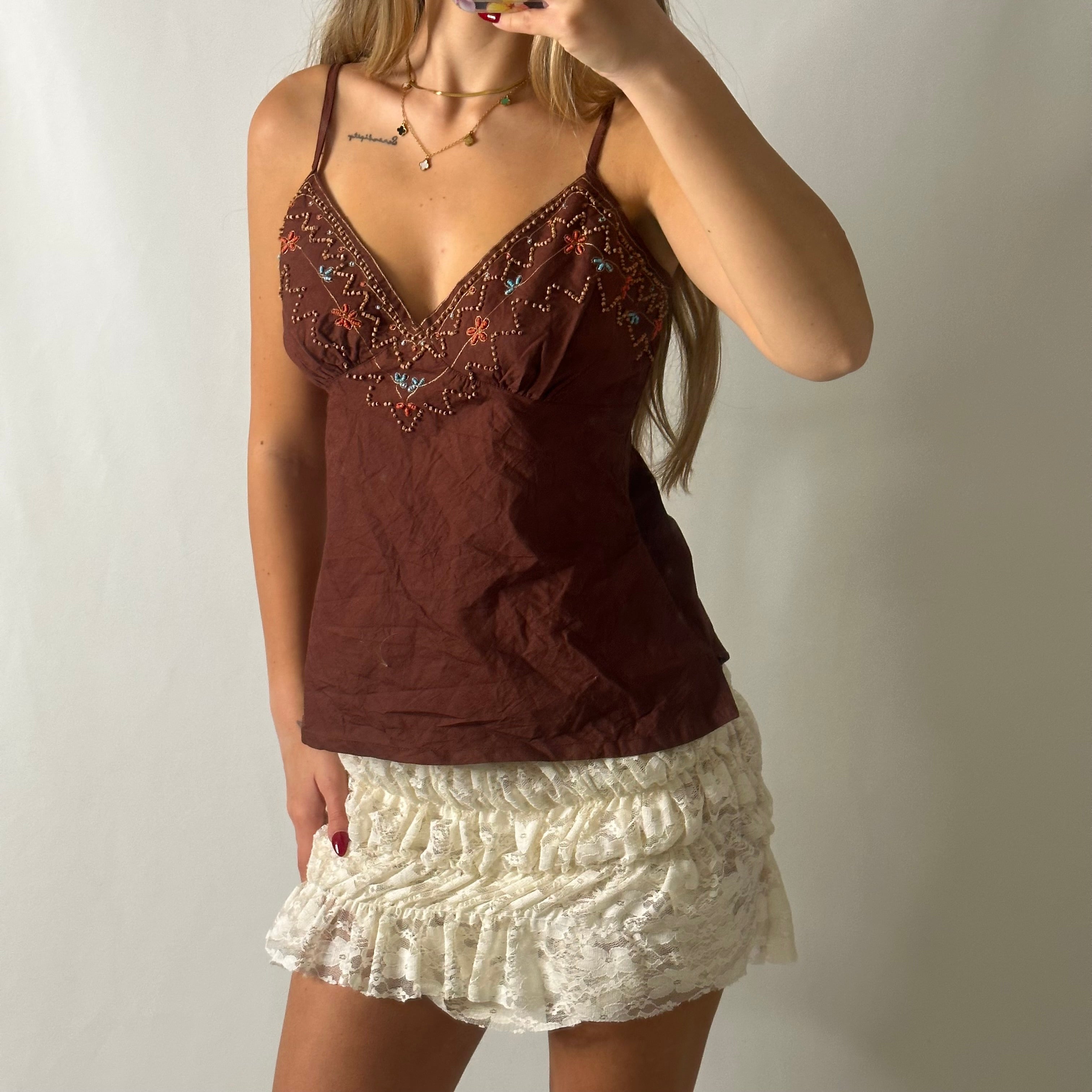 Brown beaded cami vest top