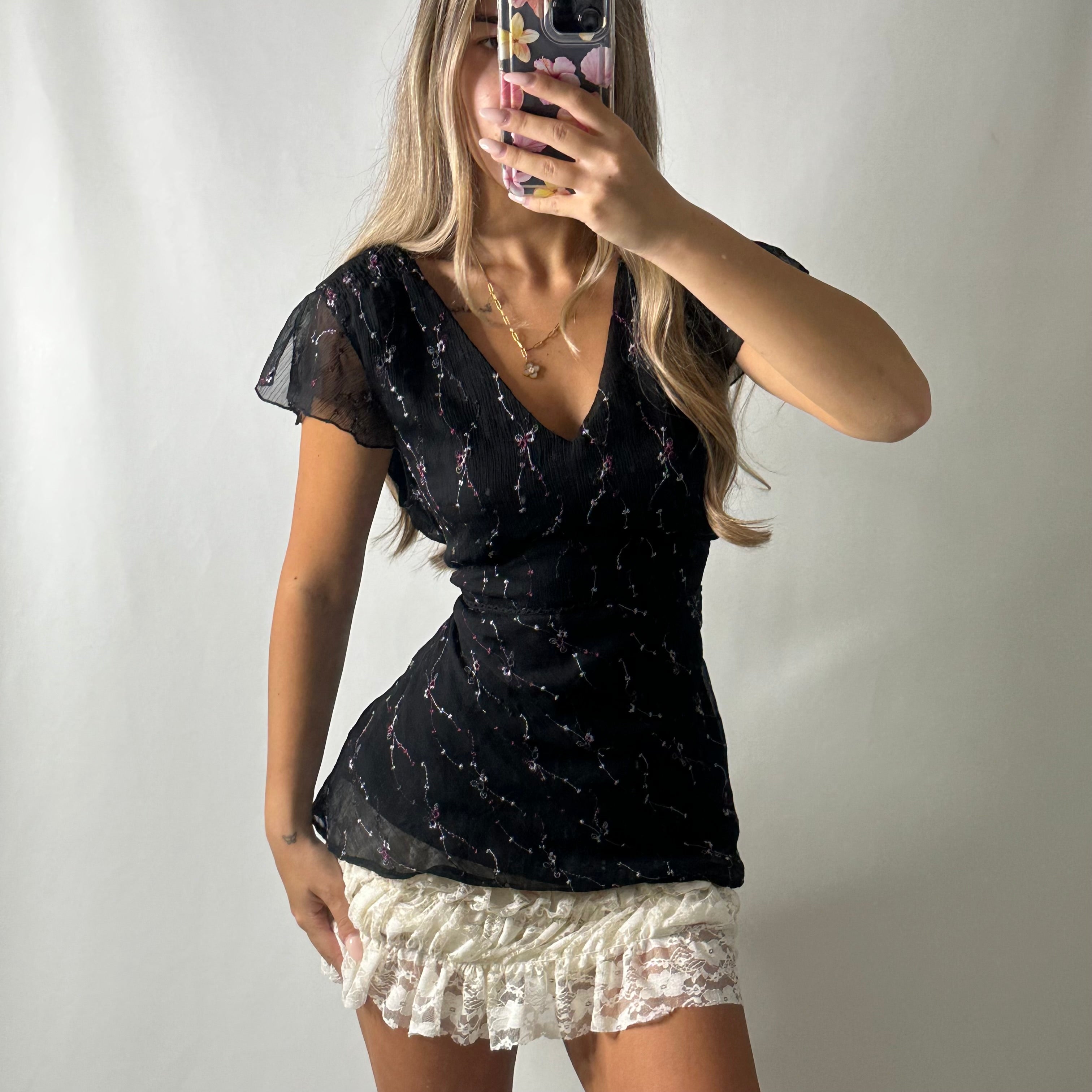 Black mesh floral top with tie up back