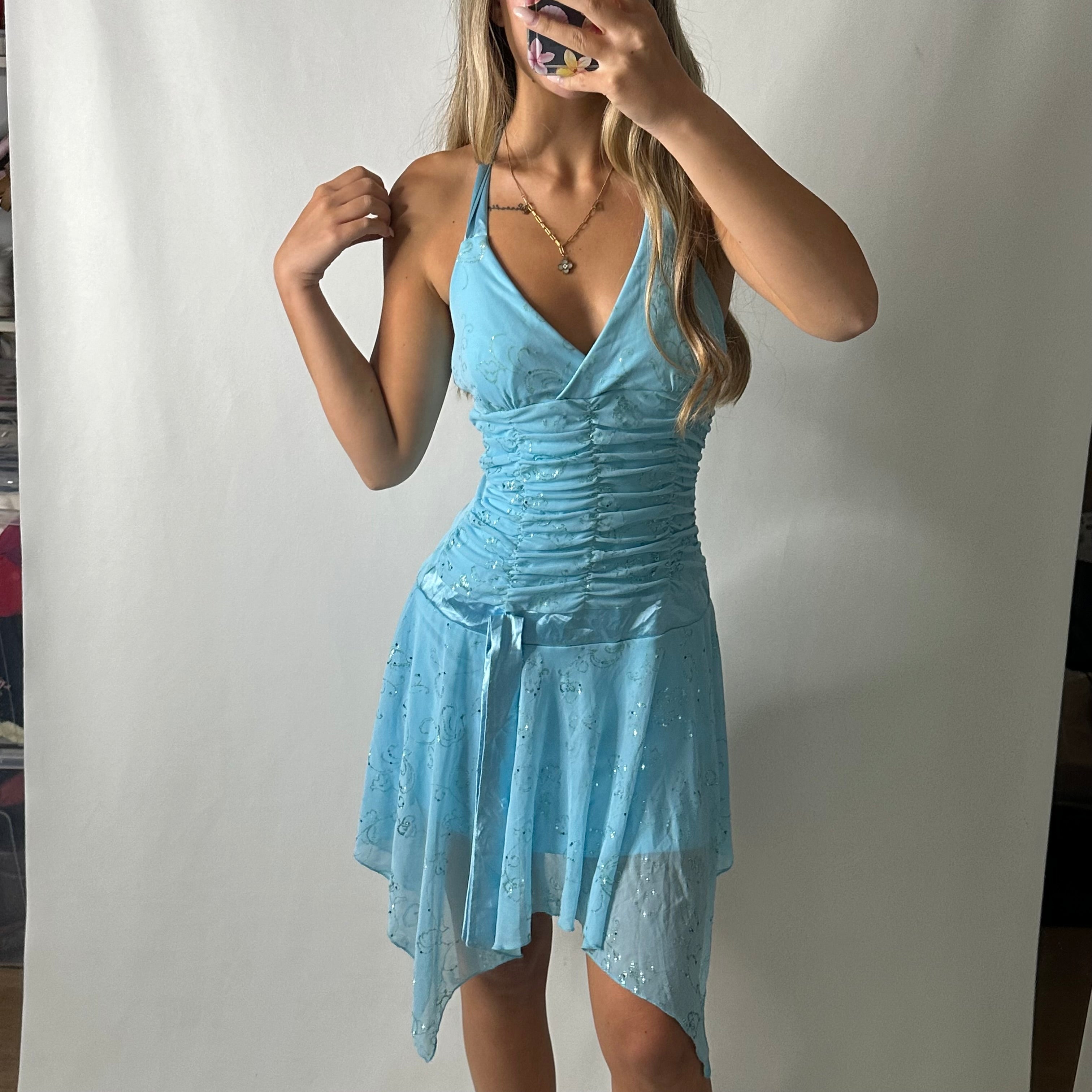 Blue glittery ruched fairy halter dress