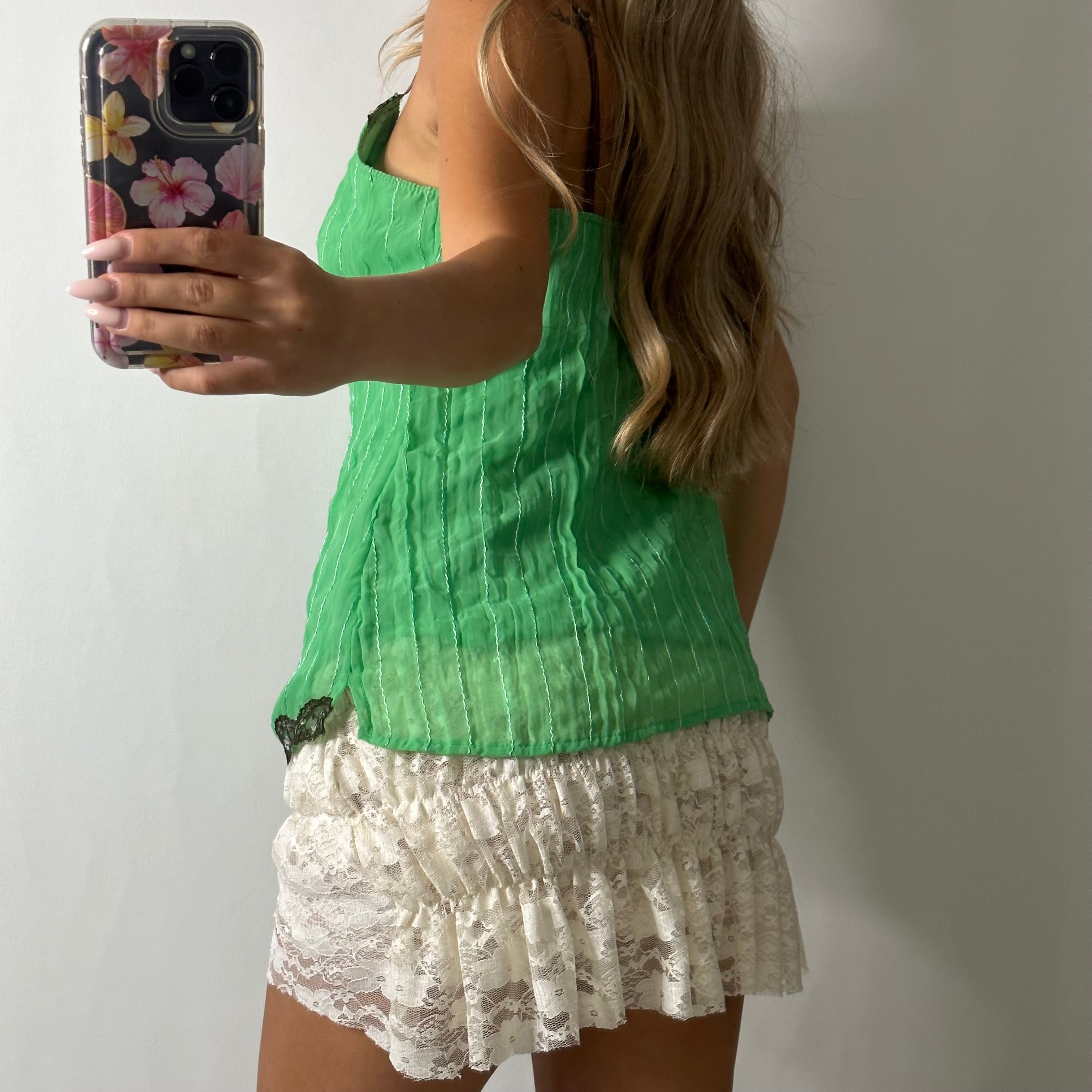 Green cami with brown lace sequin lining