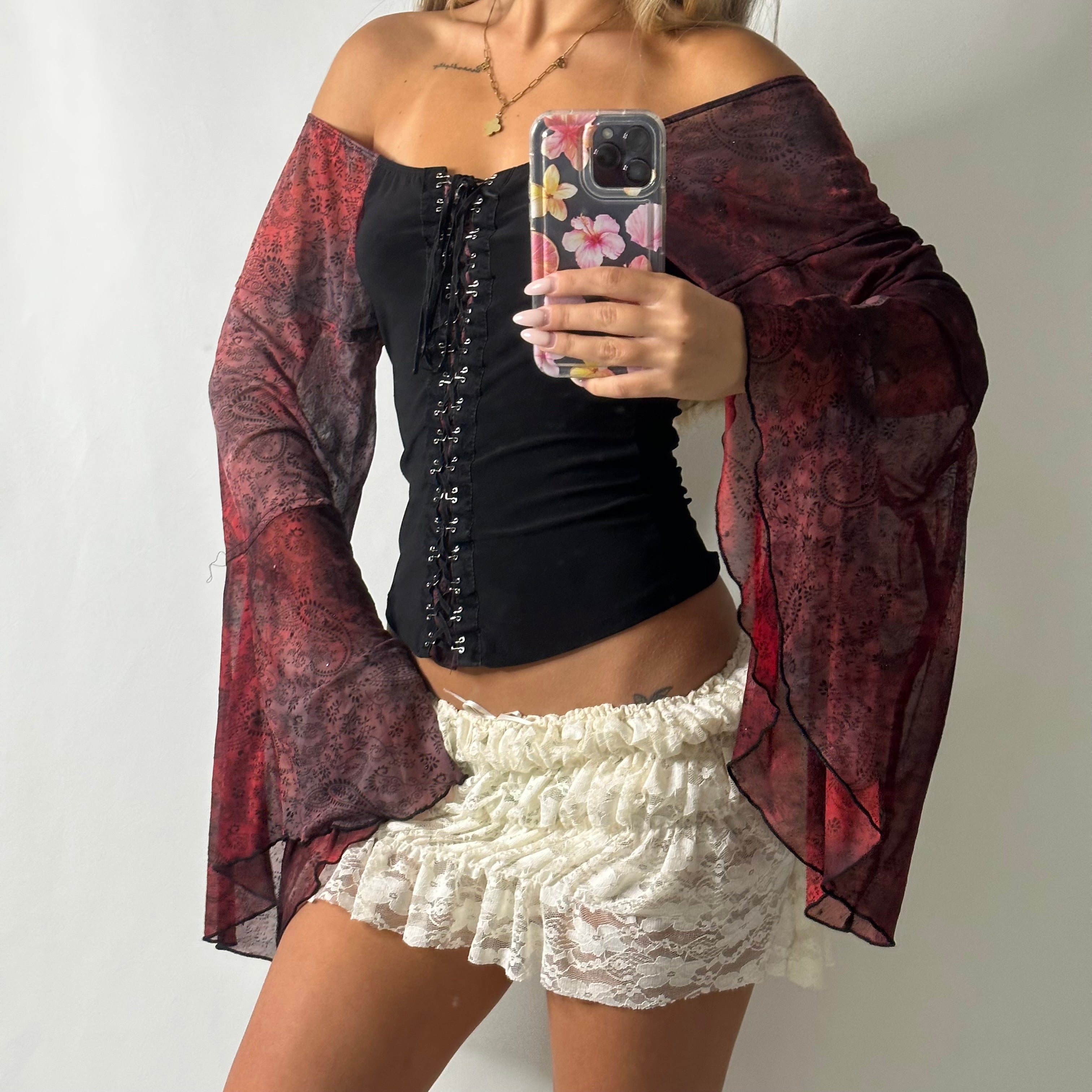 Bell mesh sleeve corset style top