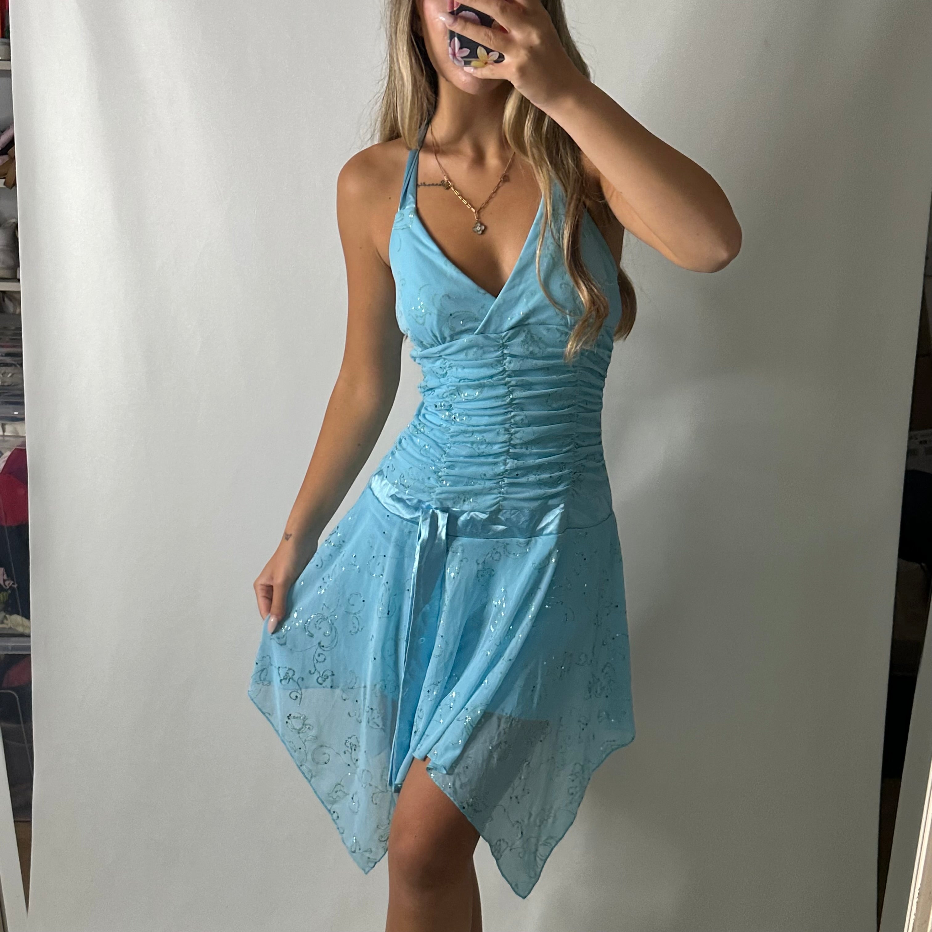 Blue glittery ruched fairy halter dress
