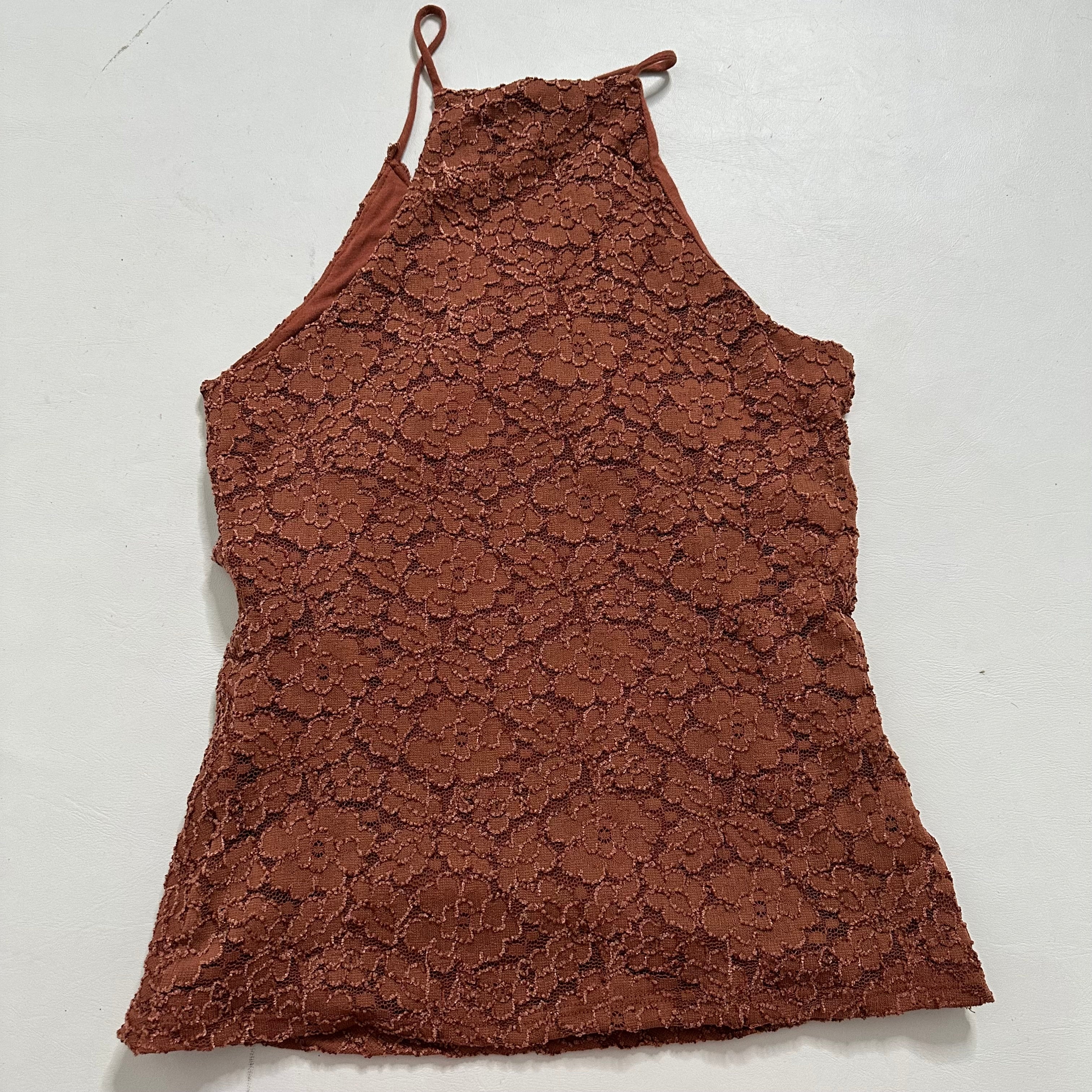 Brown lace look wrap over style top