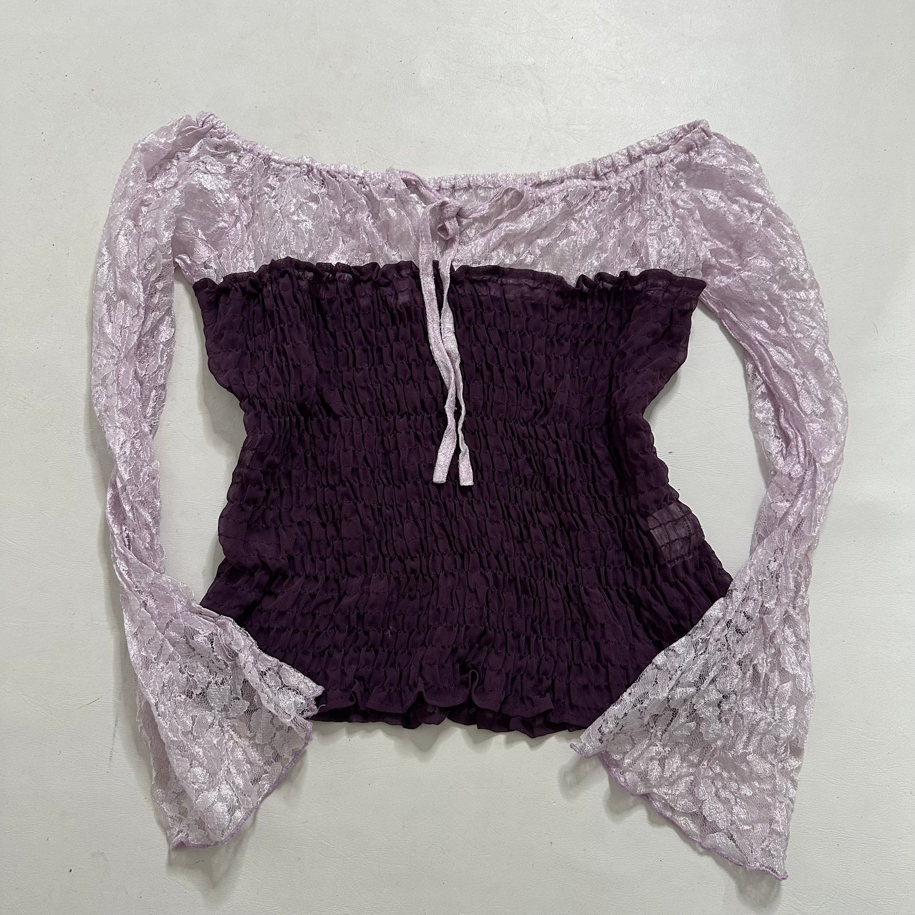 Purple lilac lace mesh ruched top
