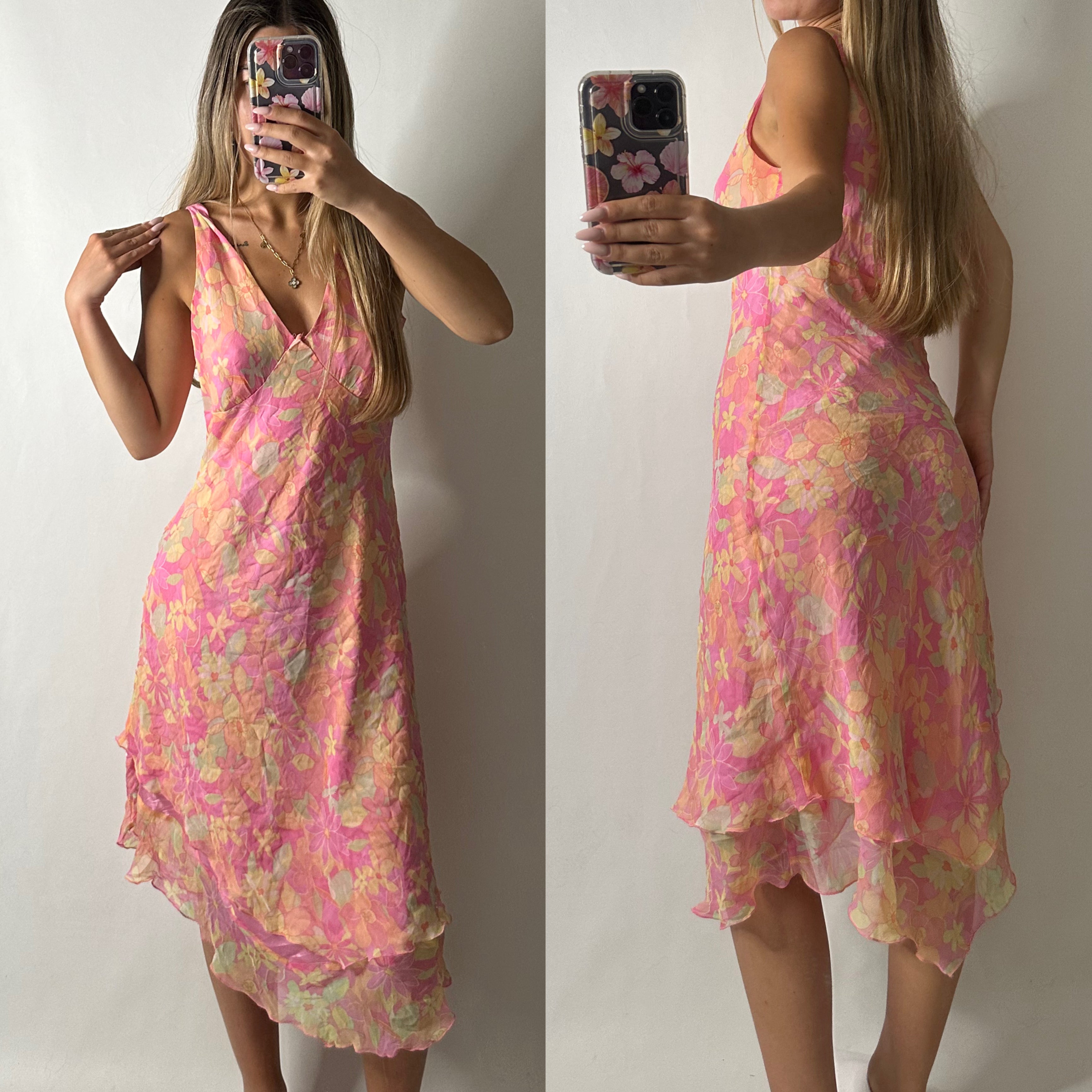 Pink mesh floral midi dress