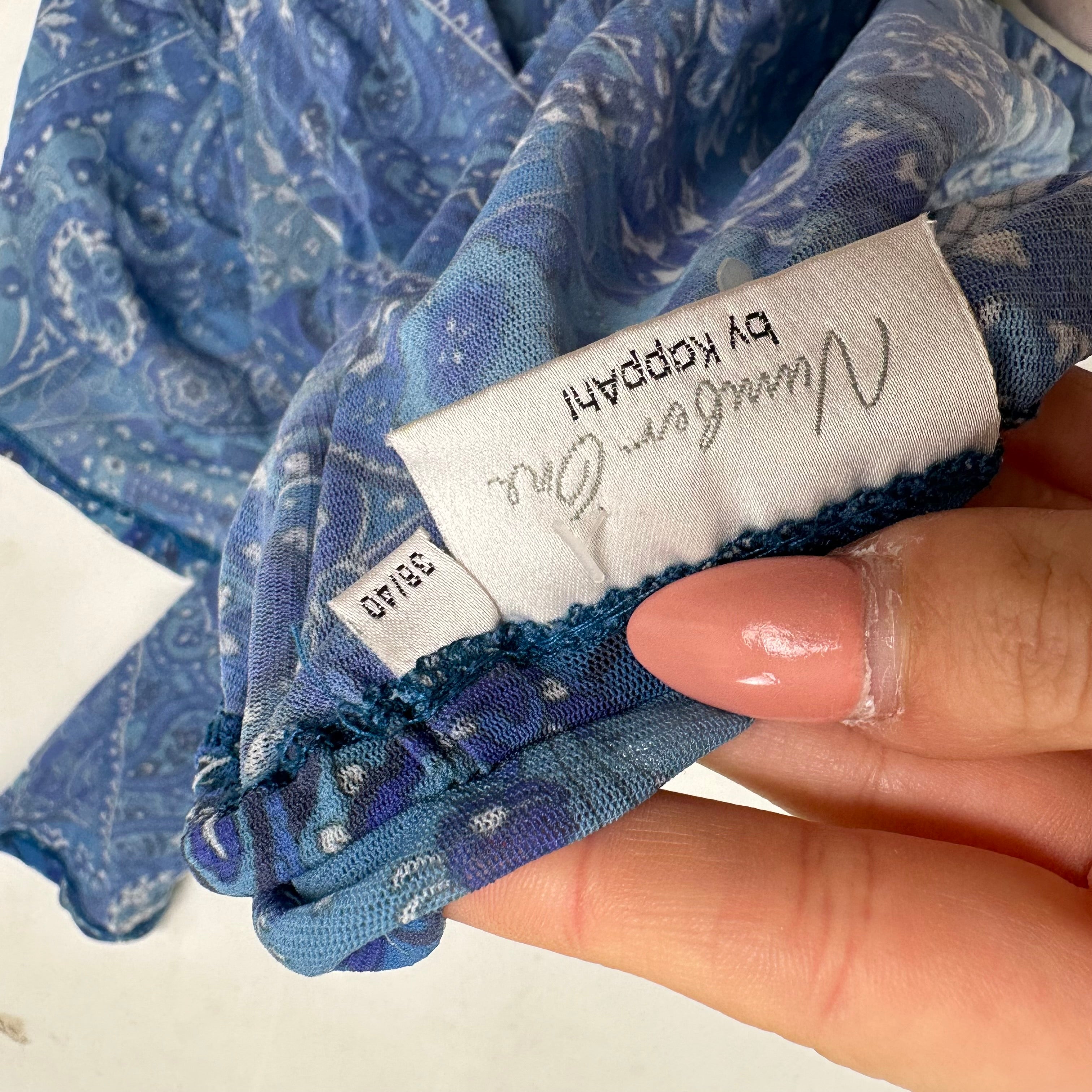 Blue mesh paisley off shoulder top