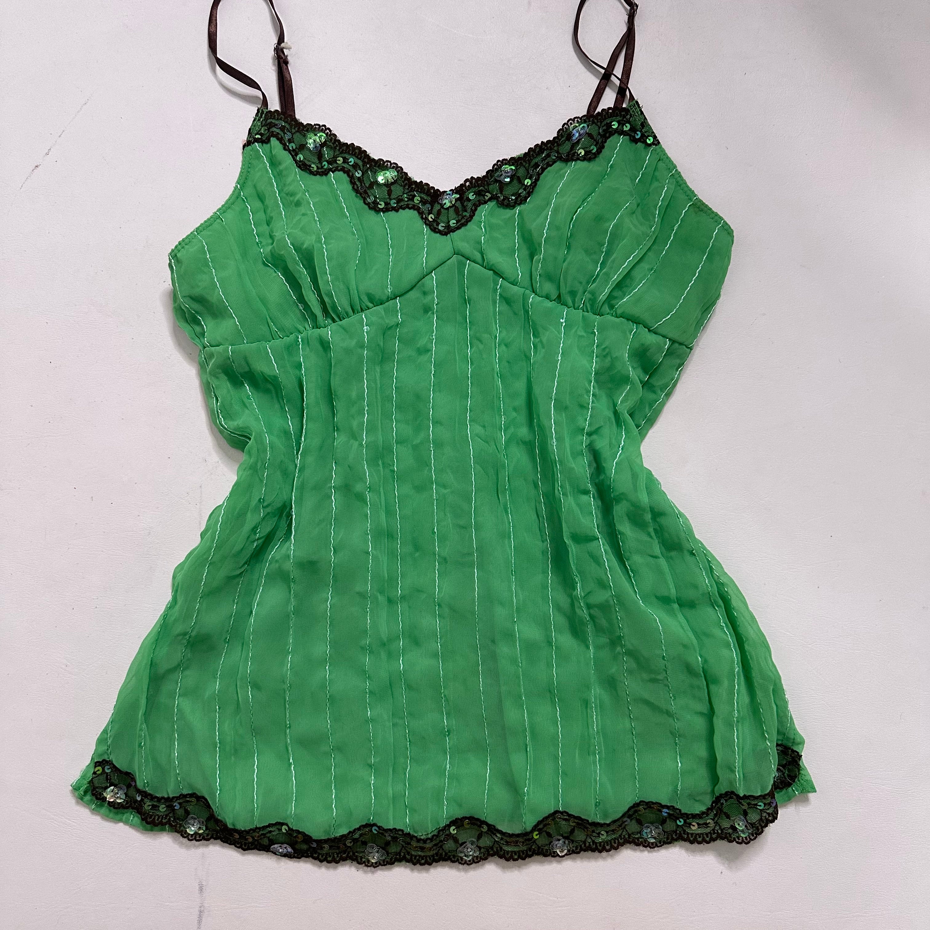 Green cami with brown lace sequin lining
