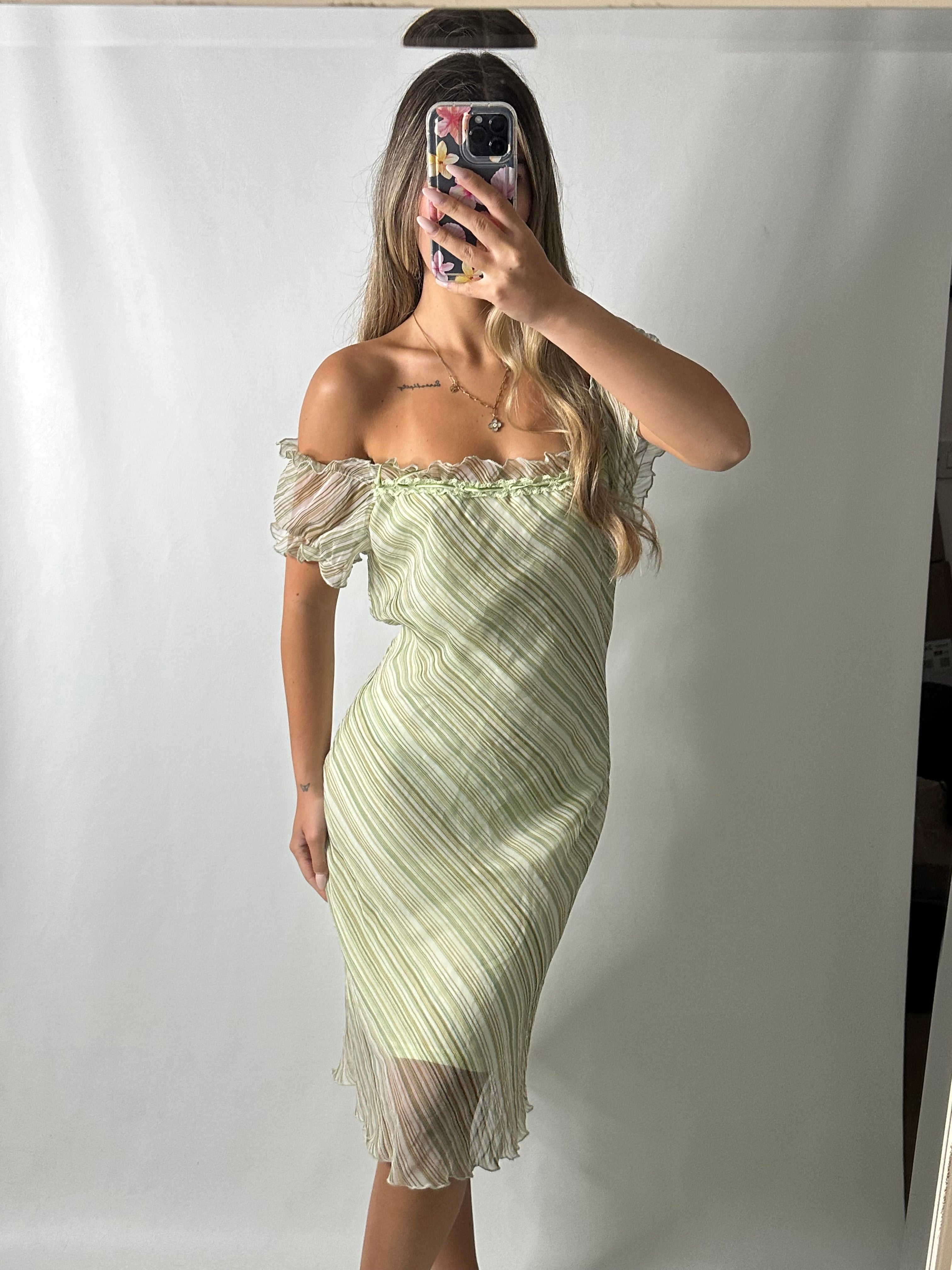 Green mesh overlay midi fairy dress
