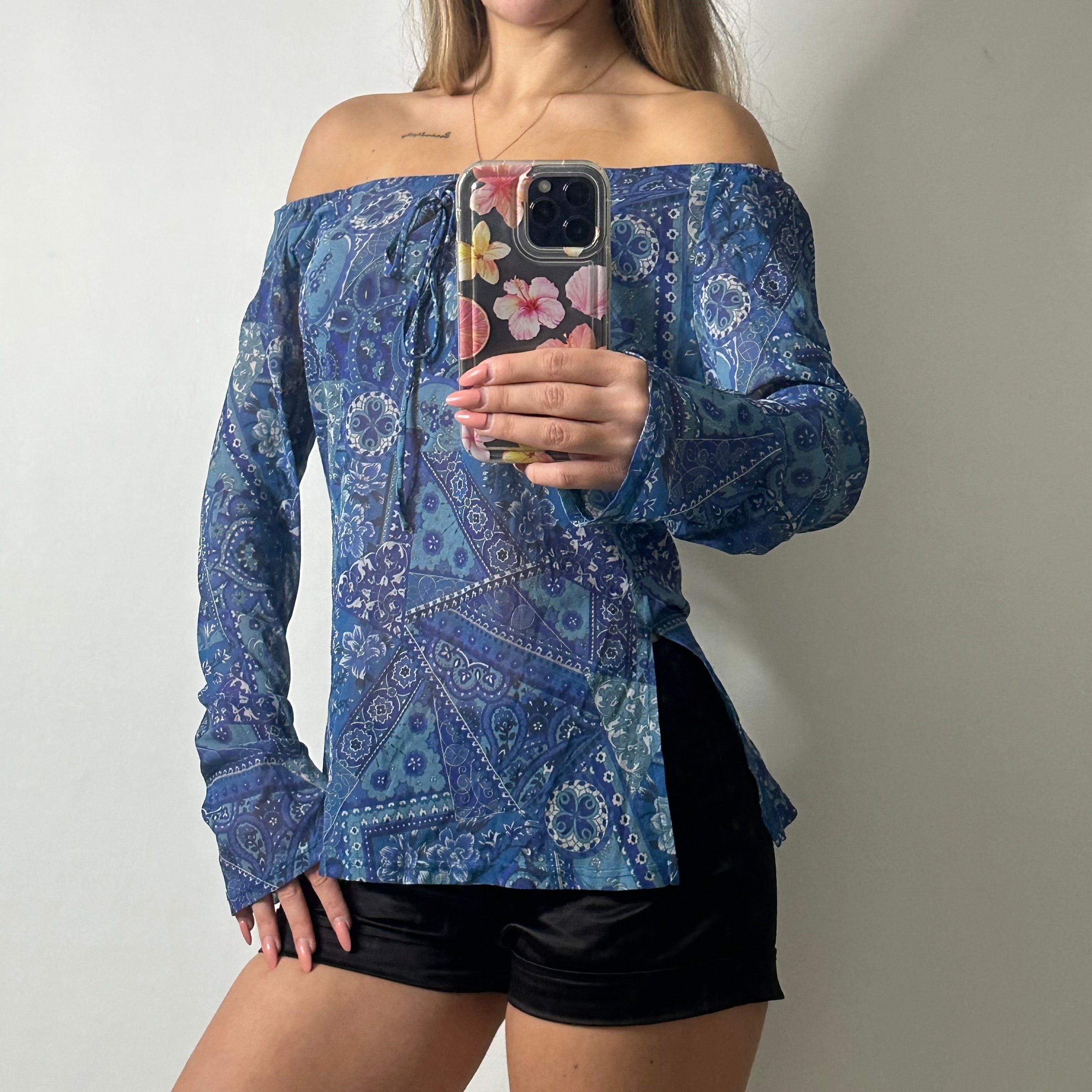 Blue mesh paisley off shoulder top