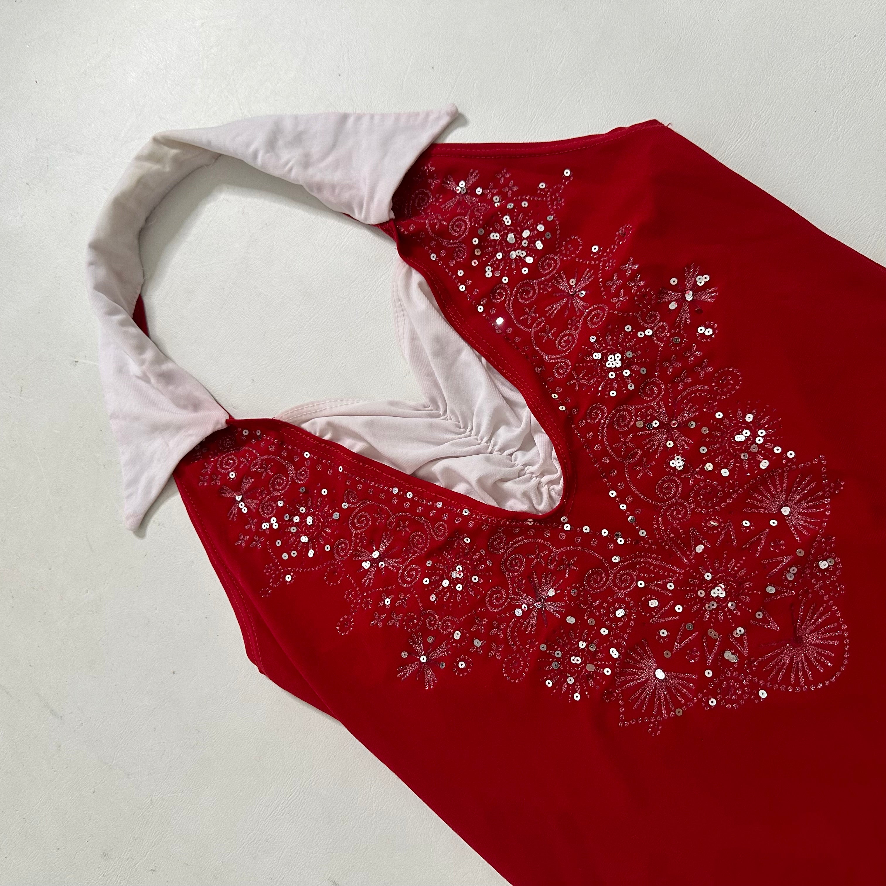 Red halter neck collared top