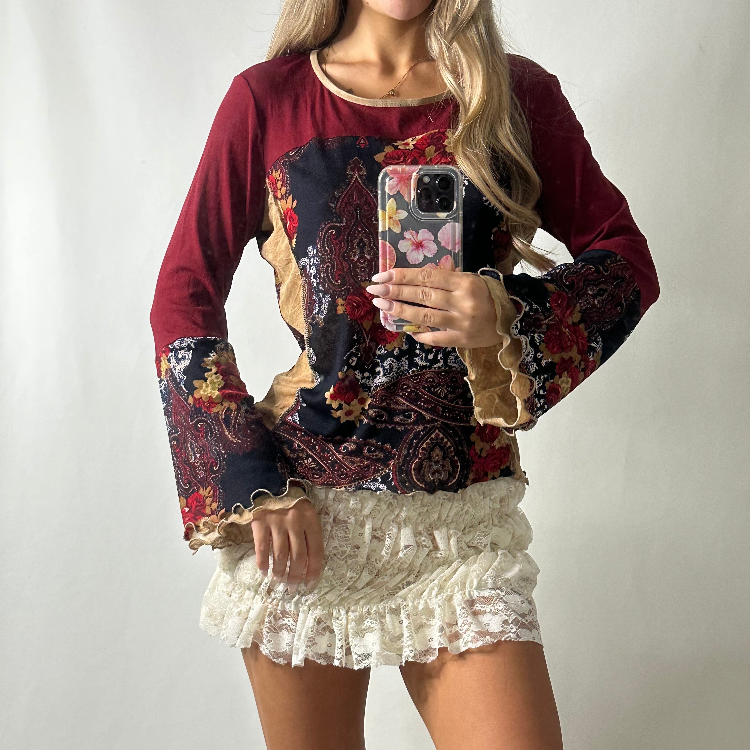 Graphic mesh flared print top
