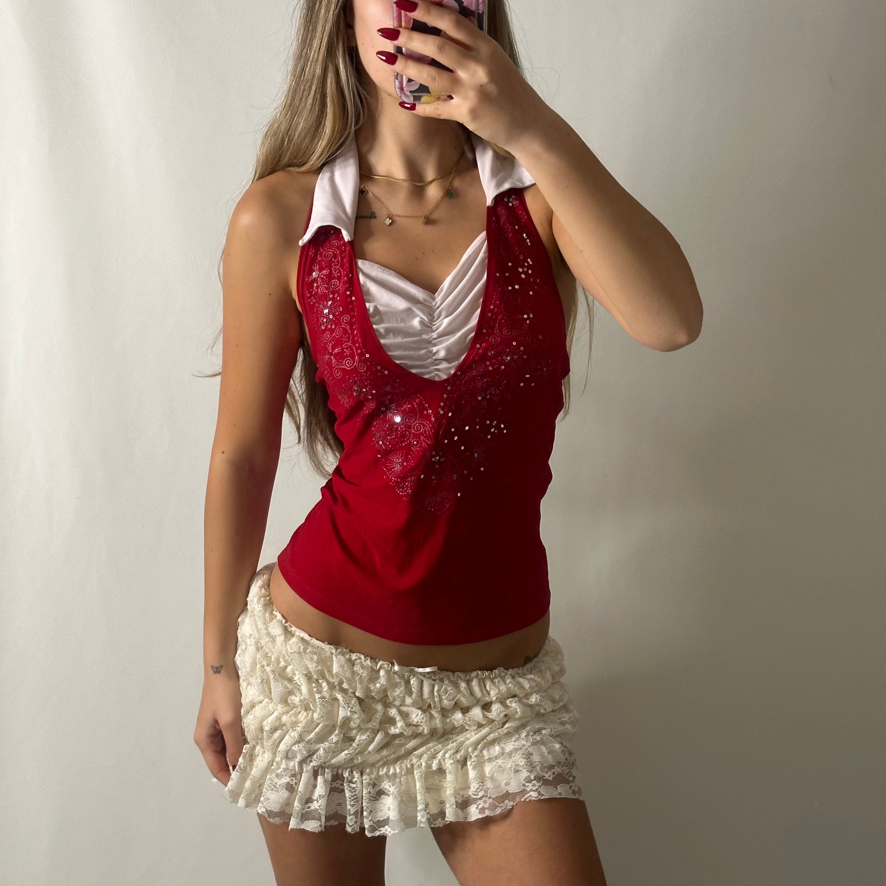 Red halter neck collared top