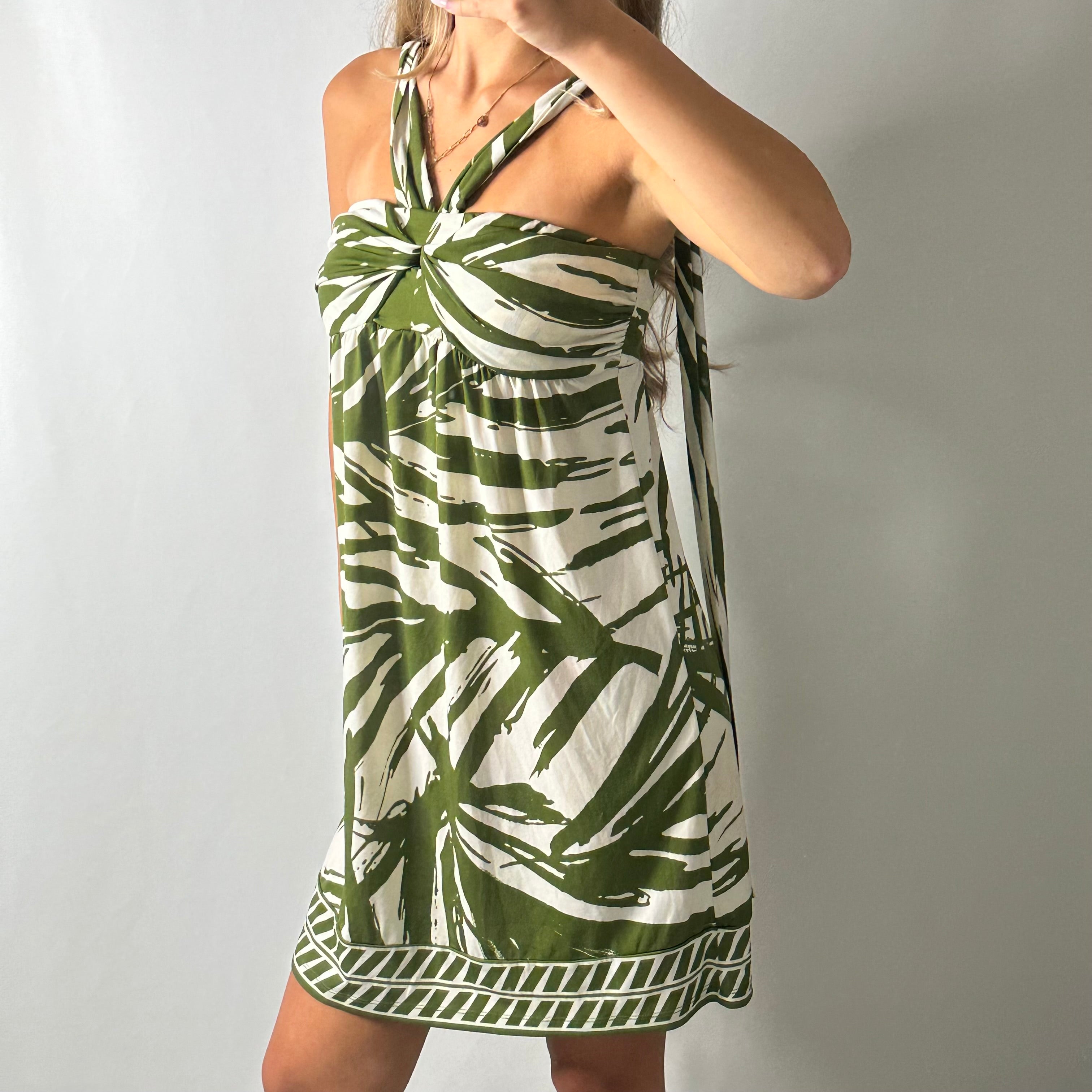 Green white halter neck mini dress