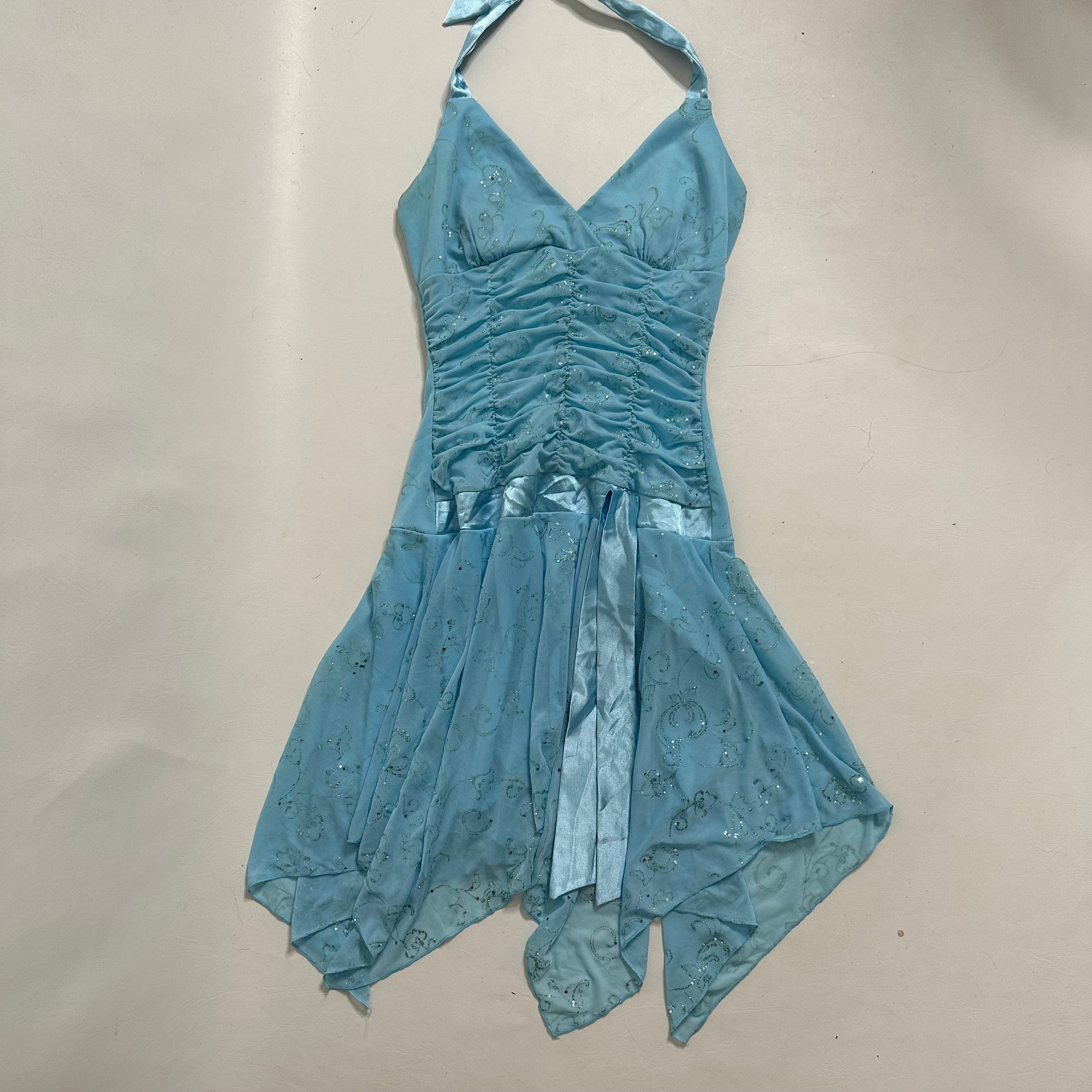 Blue glittery ruched fairy halter dress