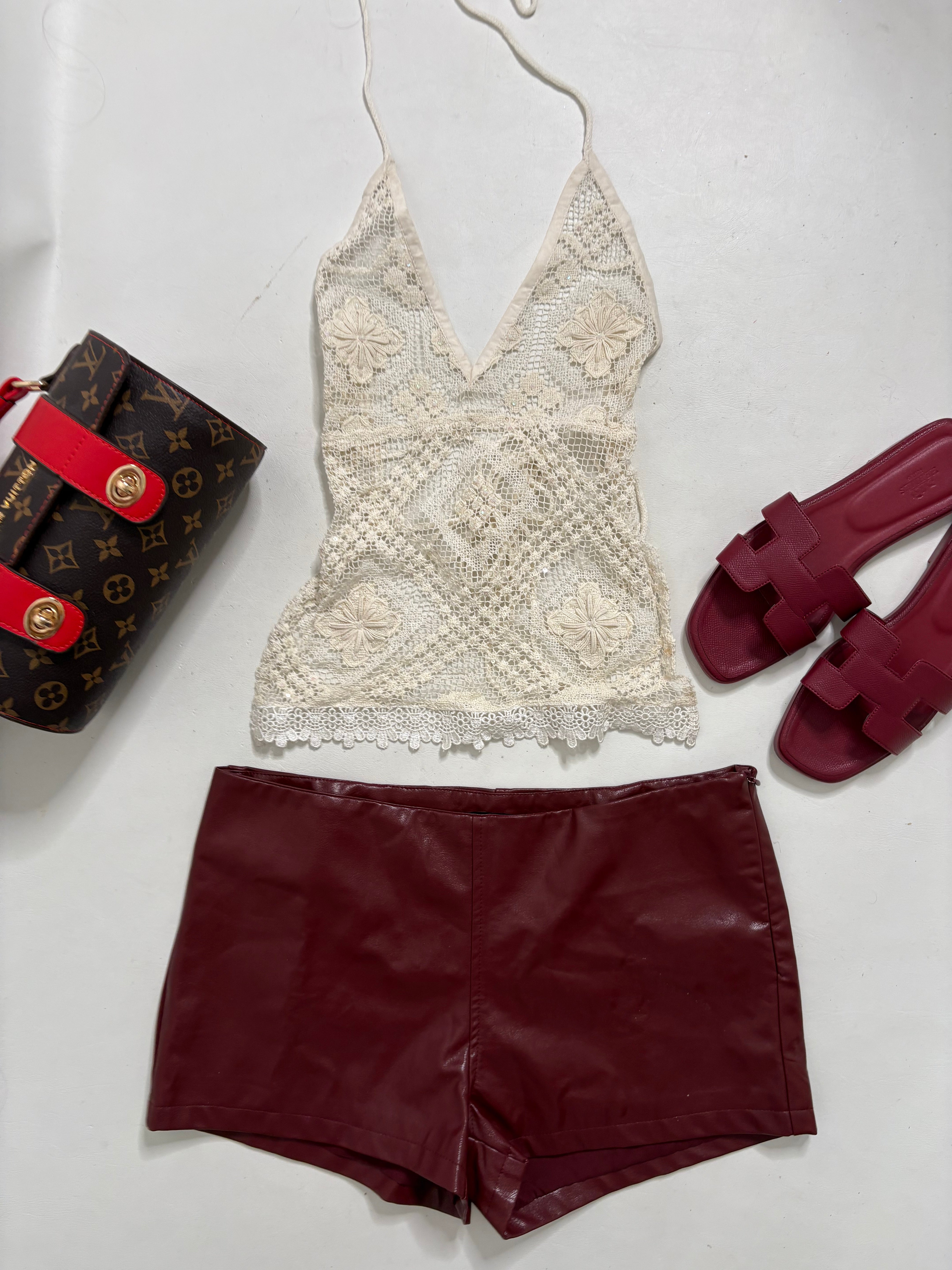 Past Gems white crochet backless top with sequin beading