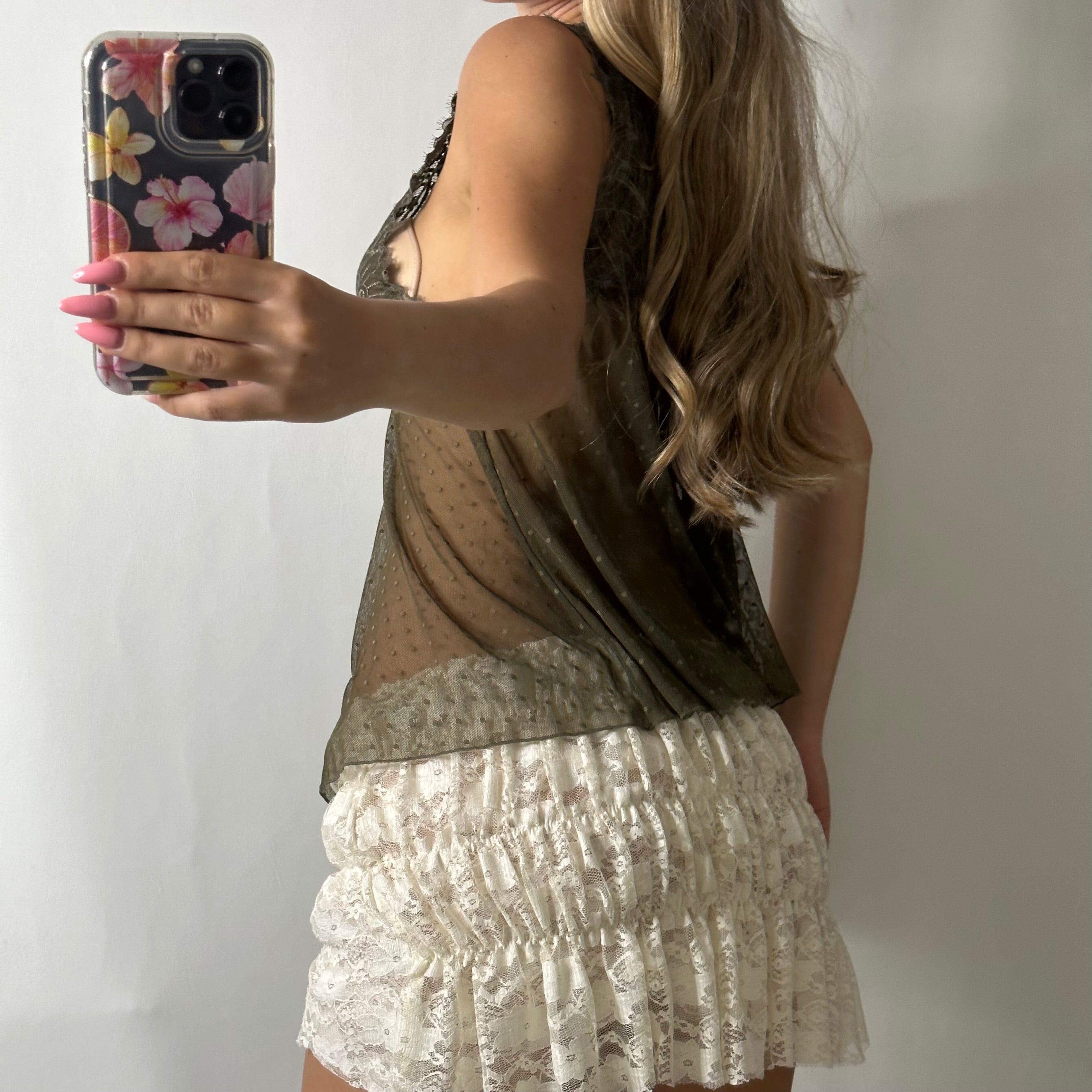 Khaki mesh fairy lace top