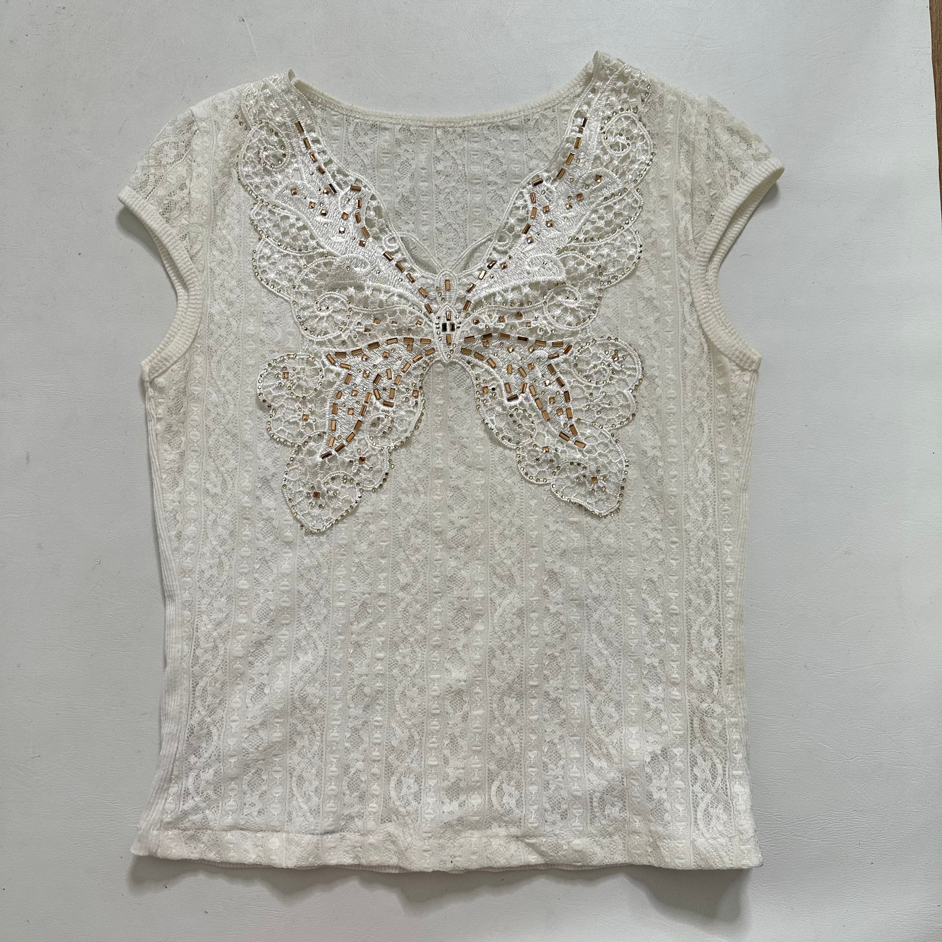 White lace sequin butterfly top