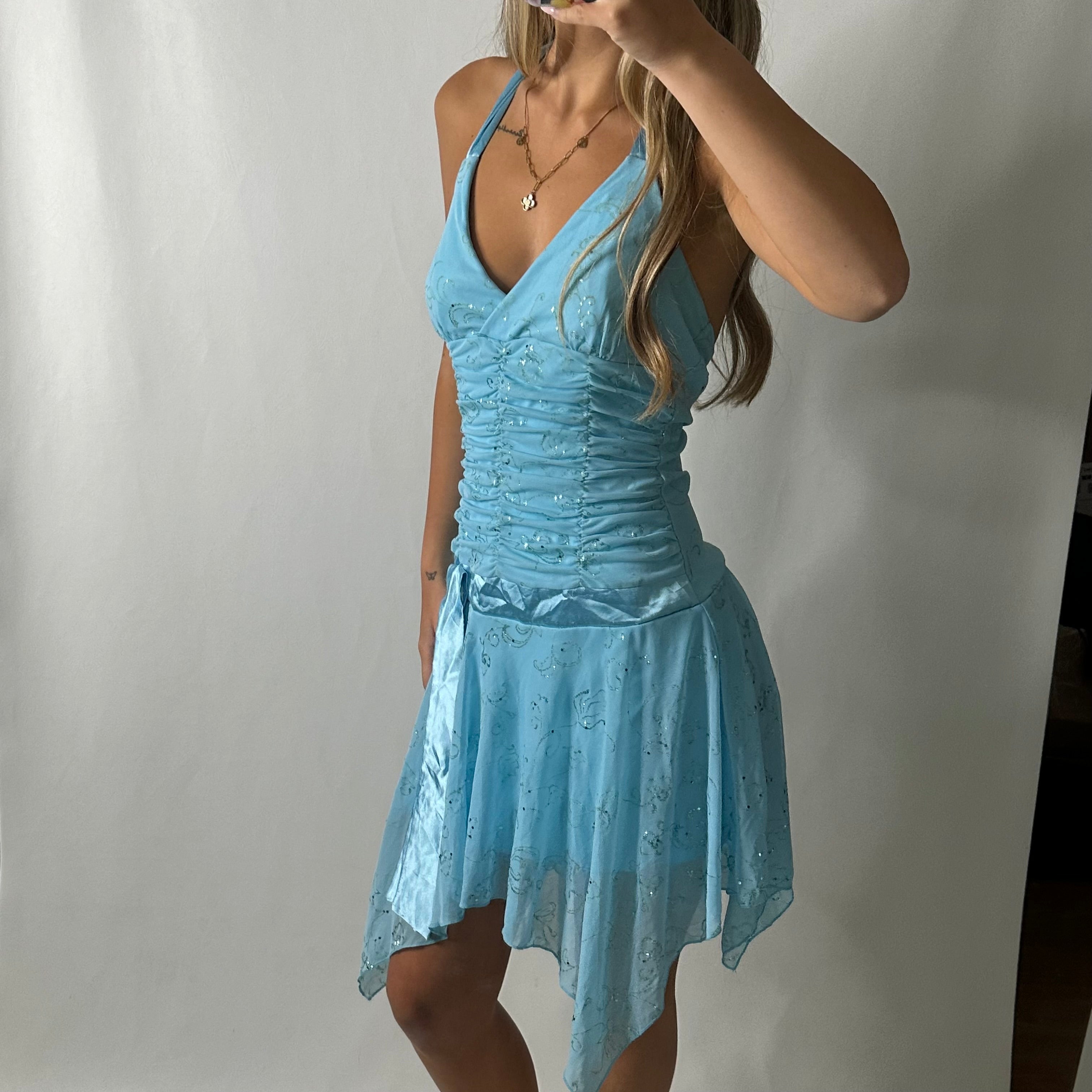Blue glittery ruched fairy halter dress