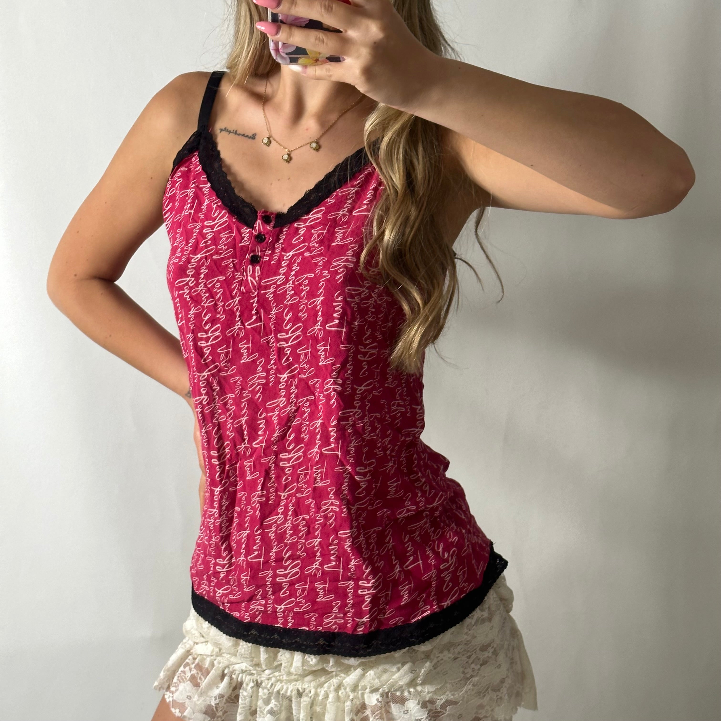 Black lace lined pink cami
