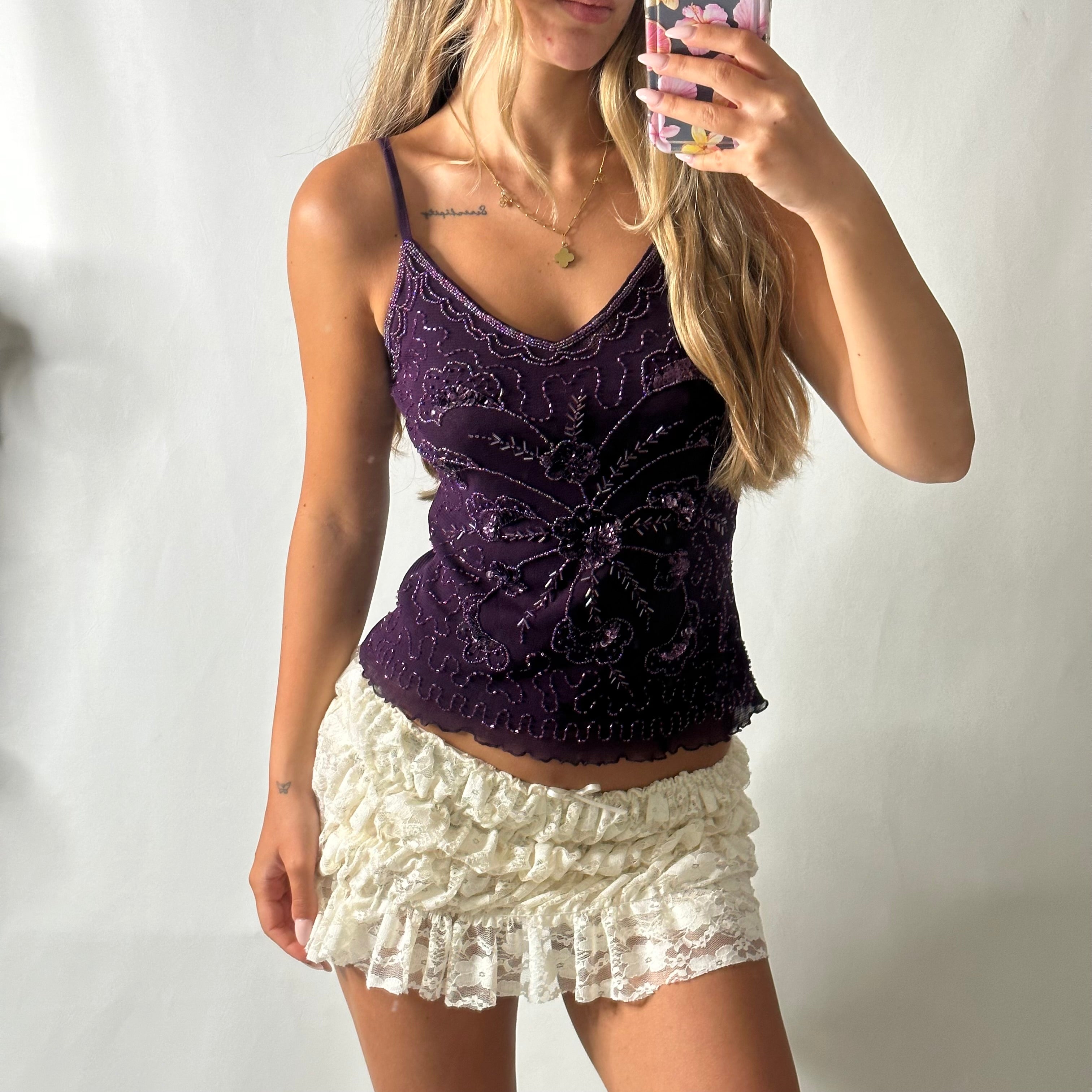 Purple mesh sequin beaded top