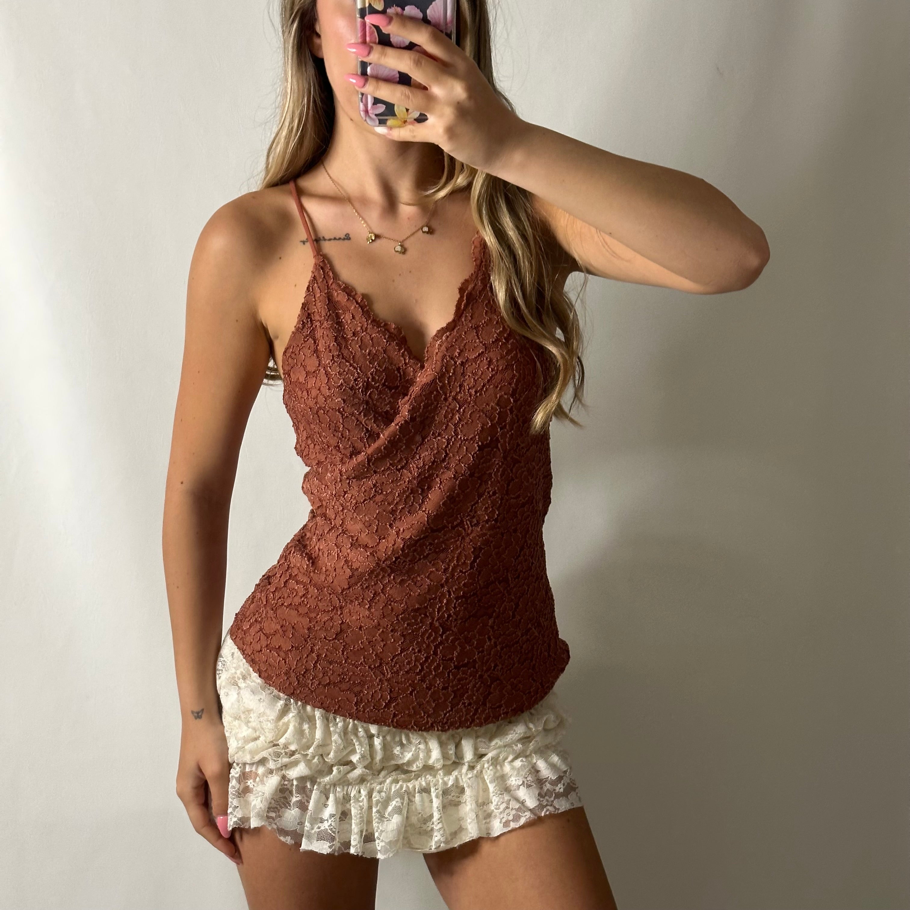 Brown lace look wrap over style top