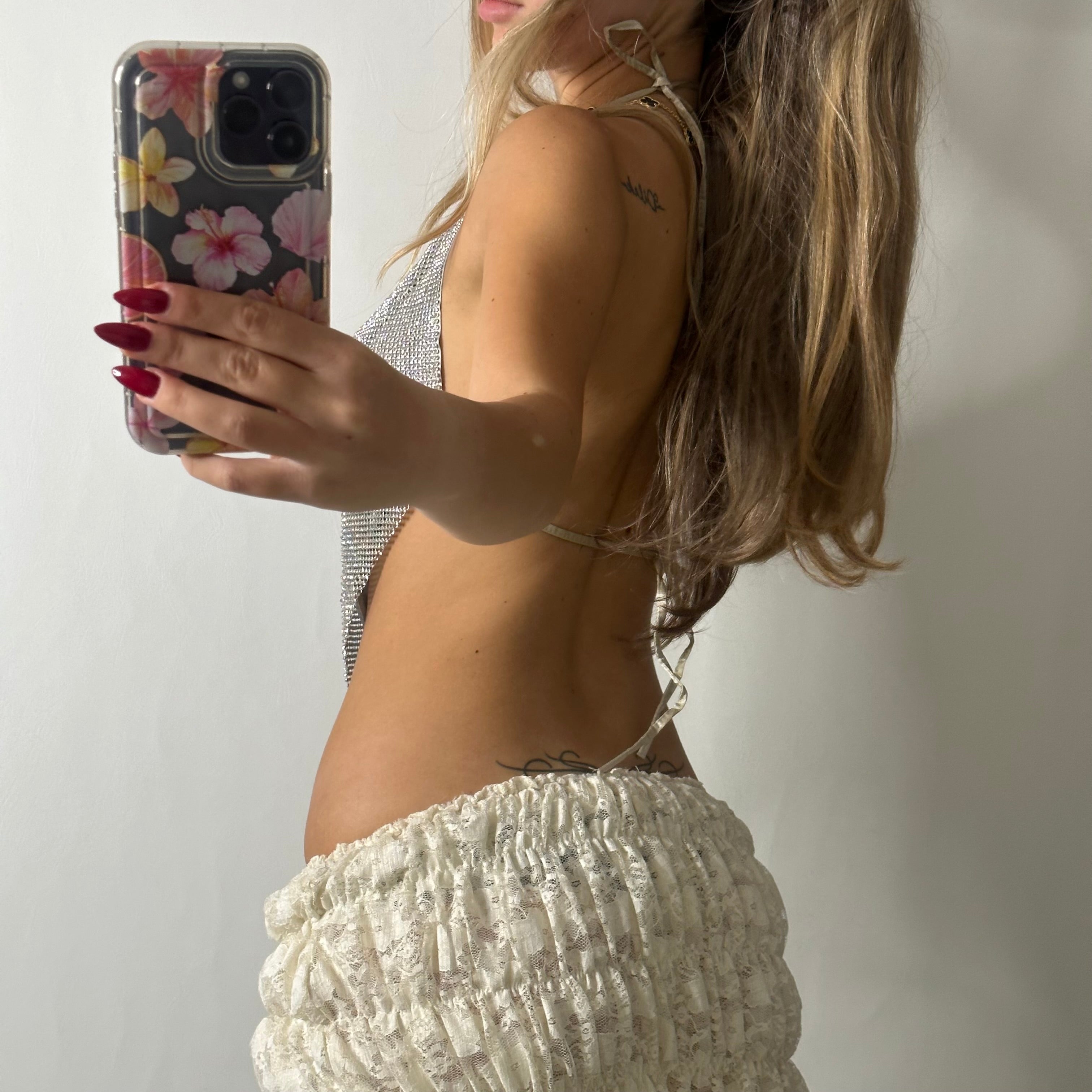 Silver backless cowl halter rhinestone top