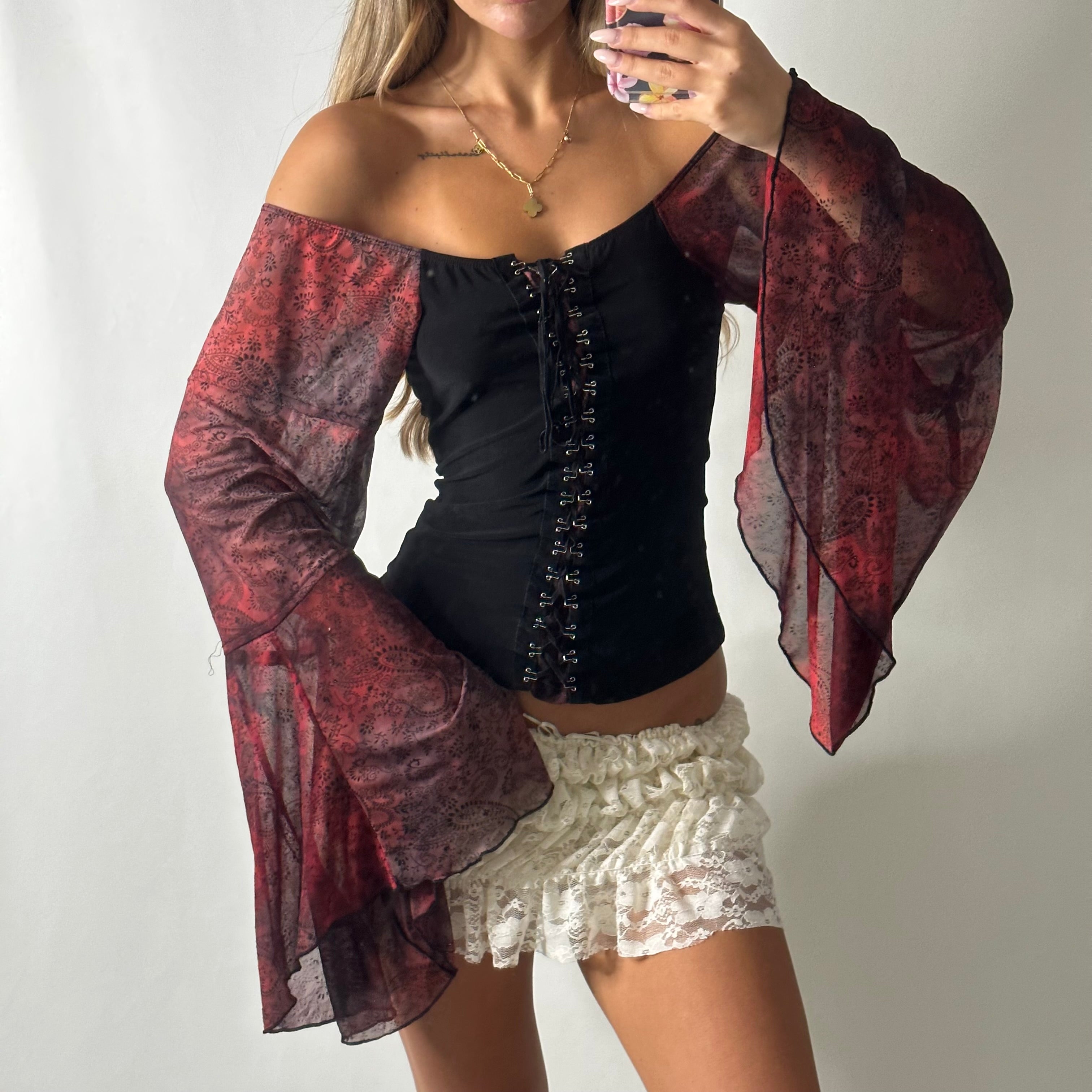Bell mesh sleeve corset style top