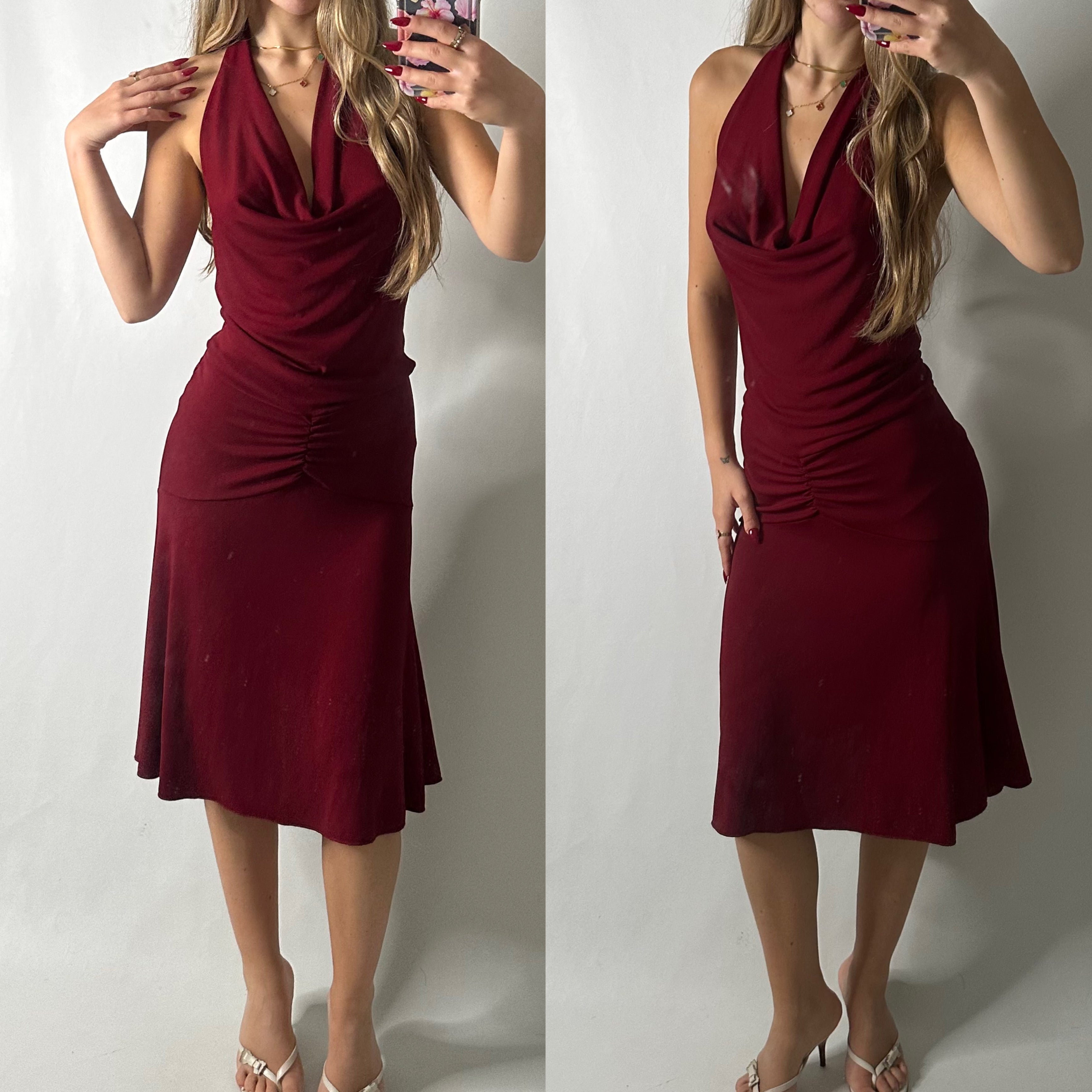Burgundy halter cowl neck ruched dress