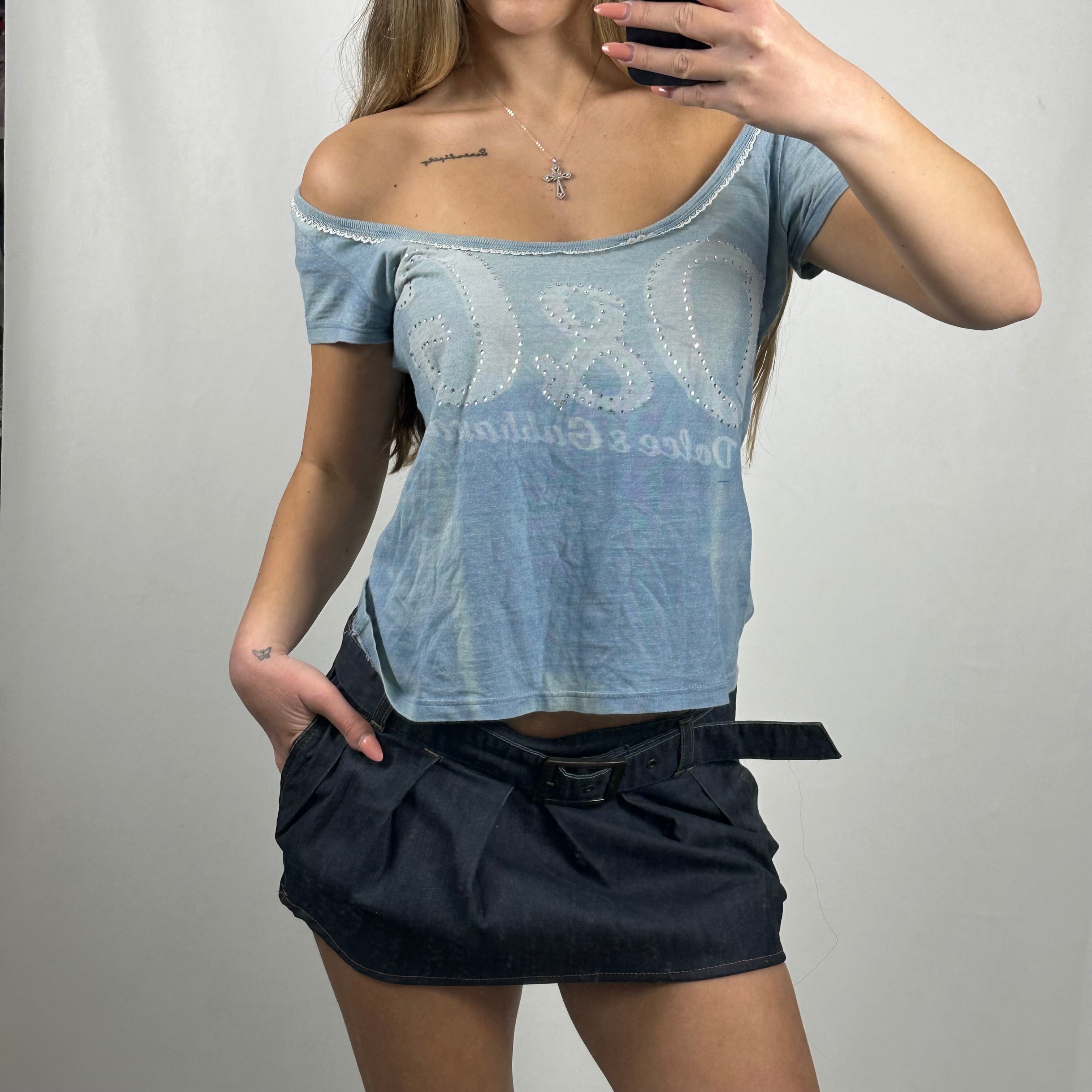 Dolce Gabbana denim wash rhinestone tee