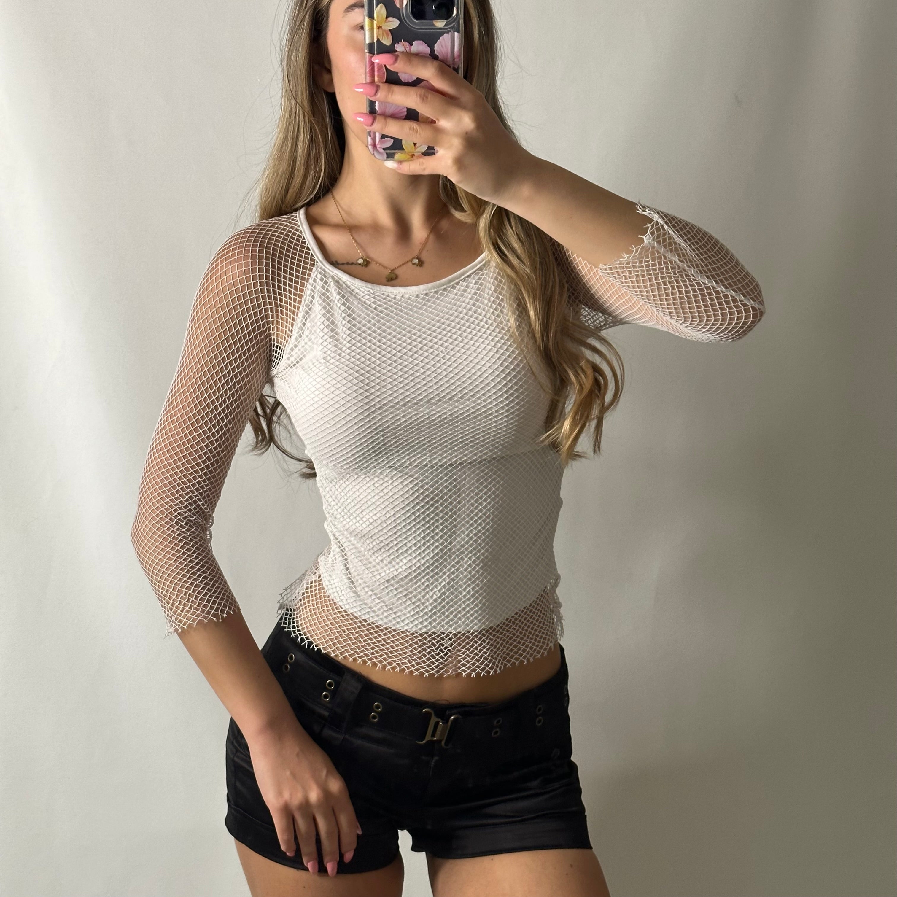 White fishnet long sleeve top