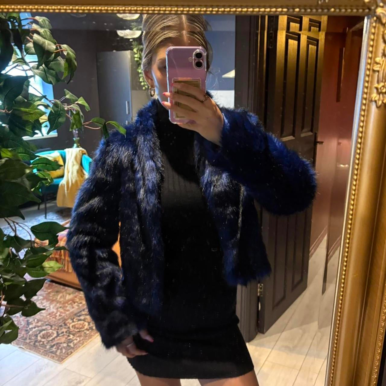 Blue fur cropped jacket