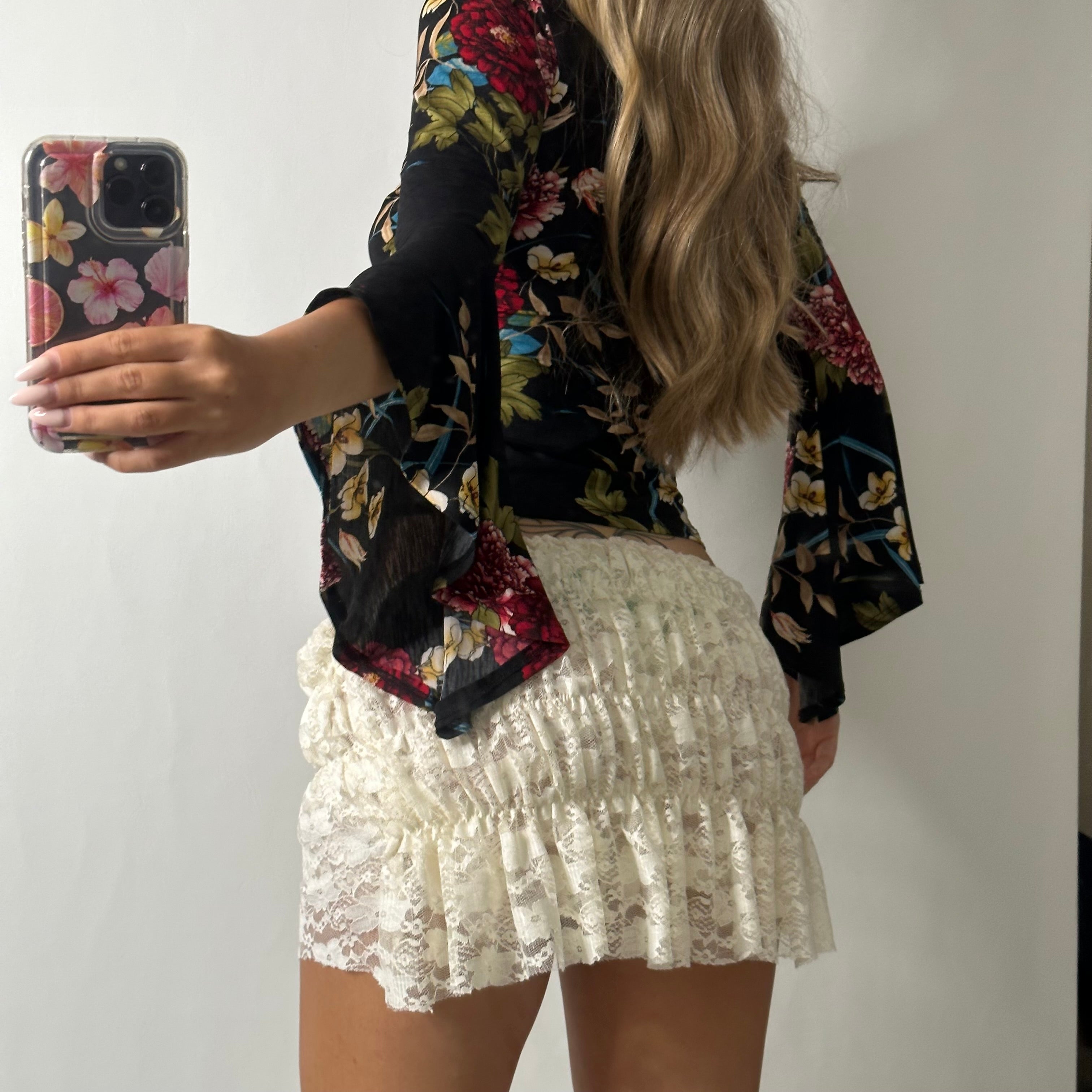 Flared sleeve bell bottom floral mesh top