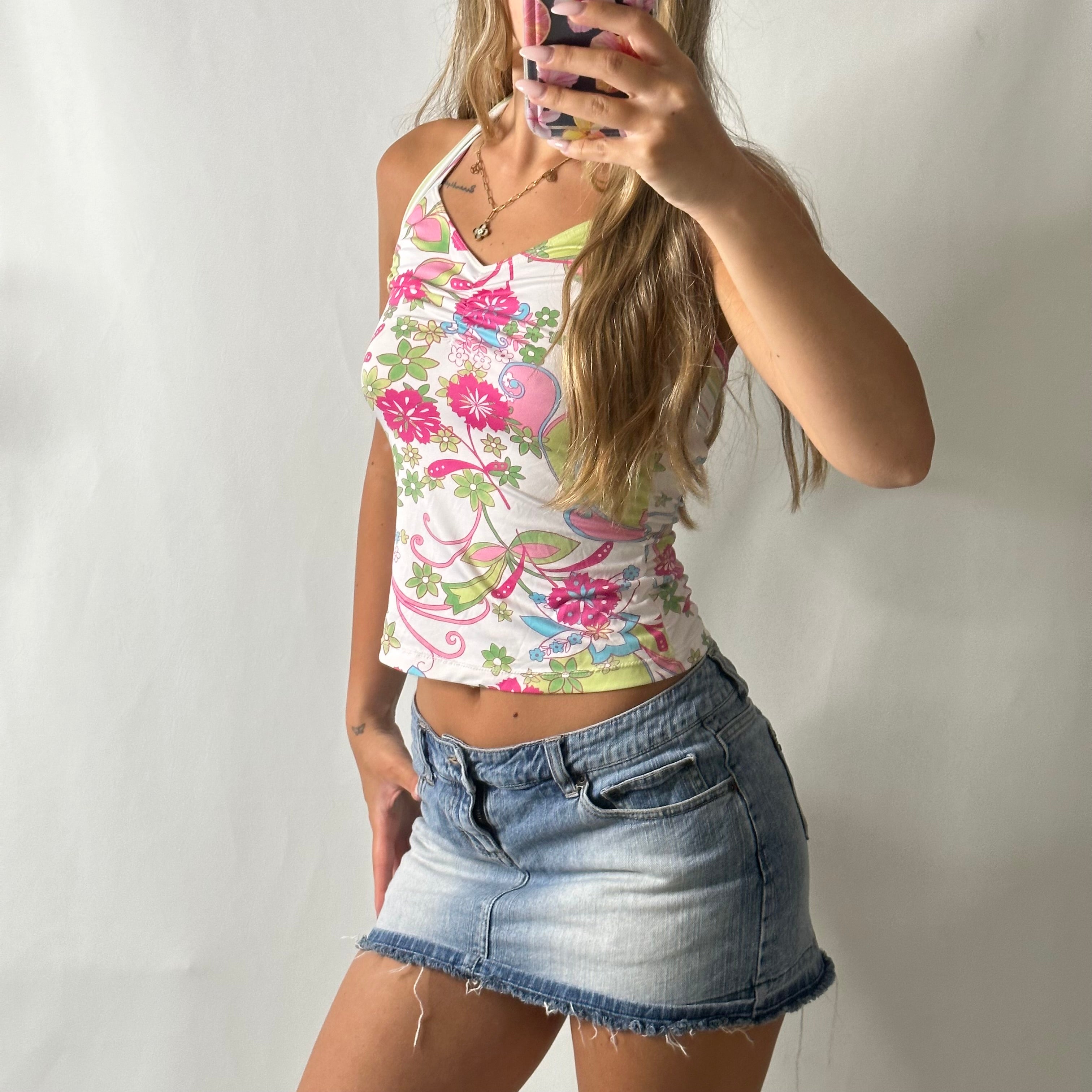 Denim low rise mini studded skirt