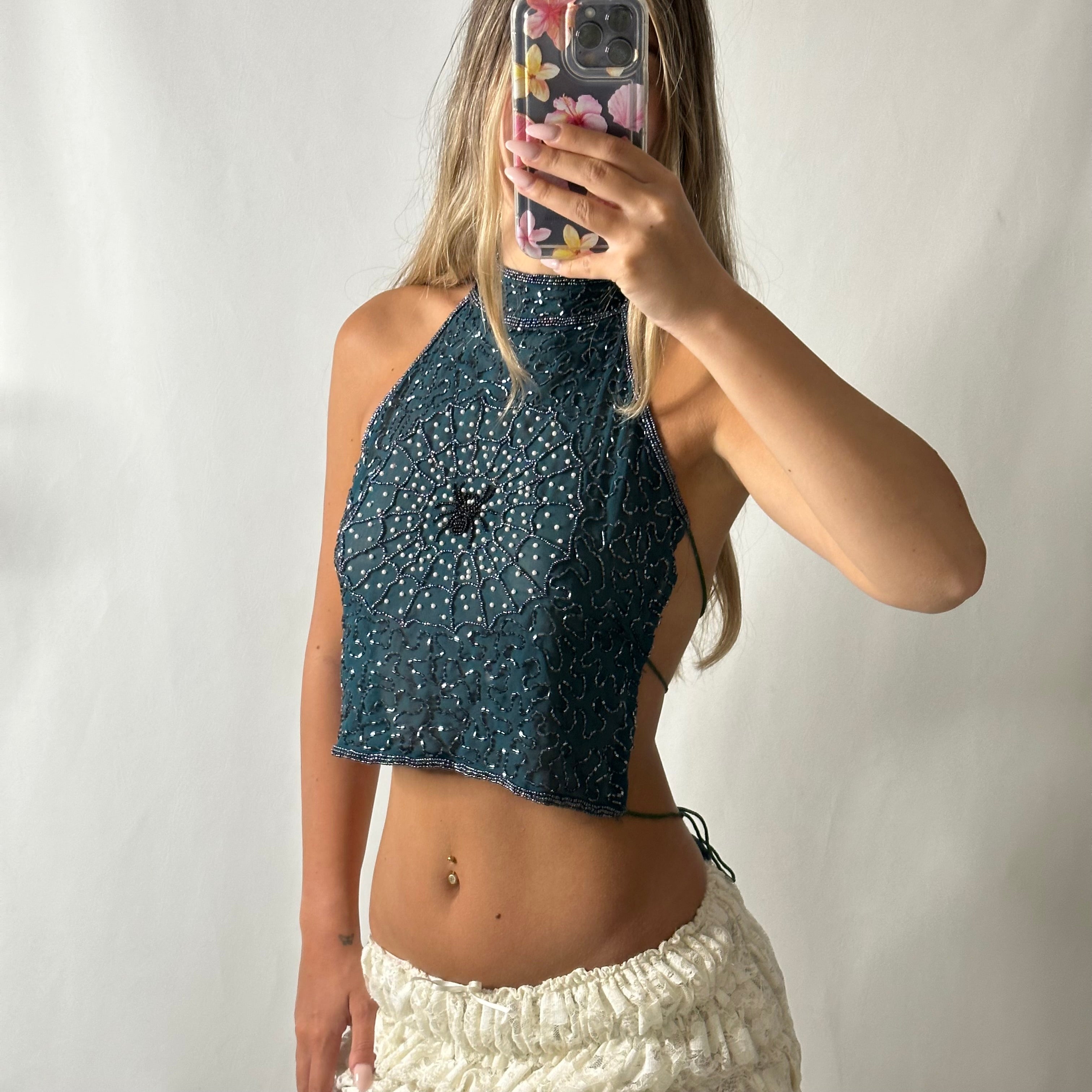 Backless sequin embellishment spider top