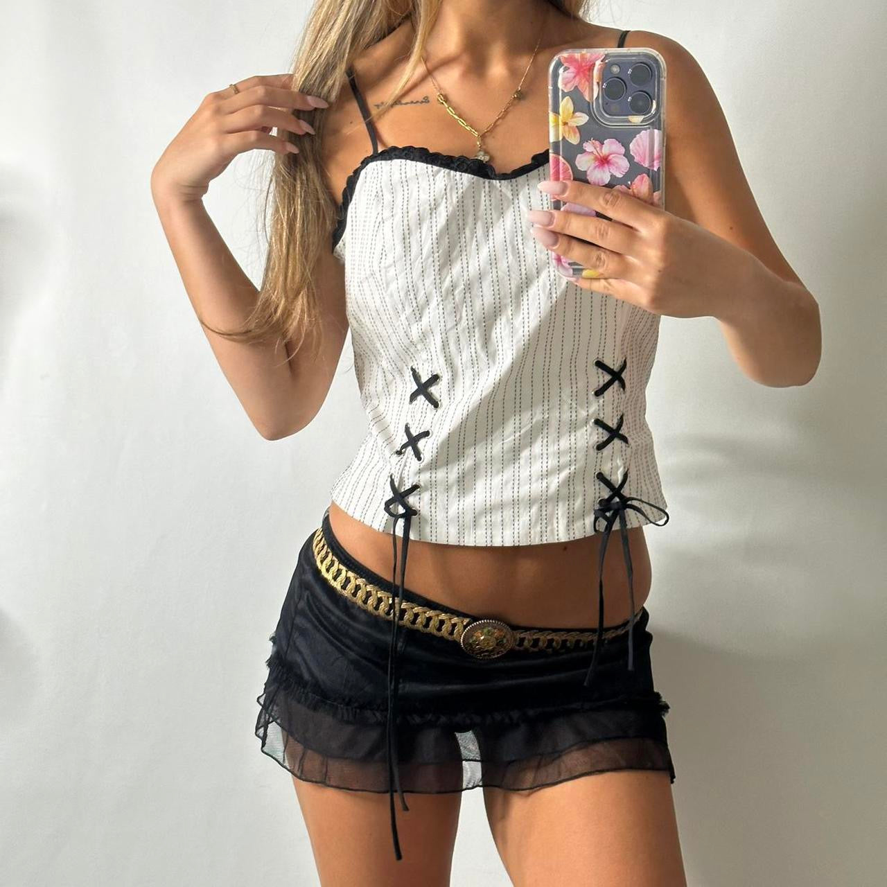 Pinstripe lace up cami