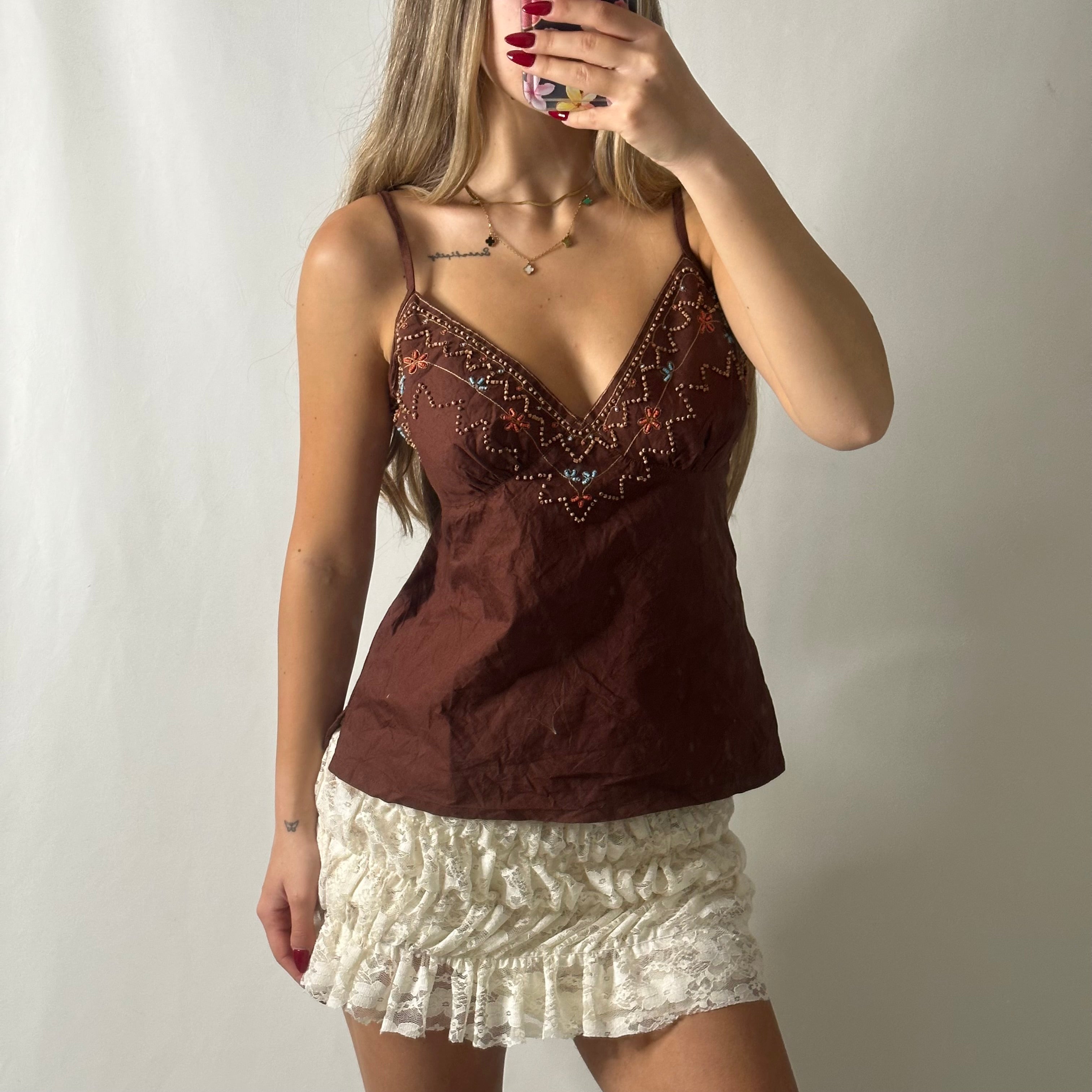 Brown beaded cami vest top