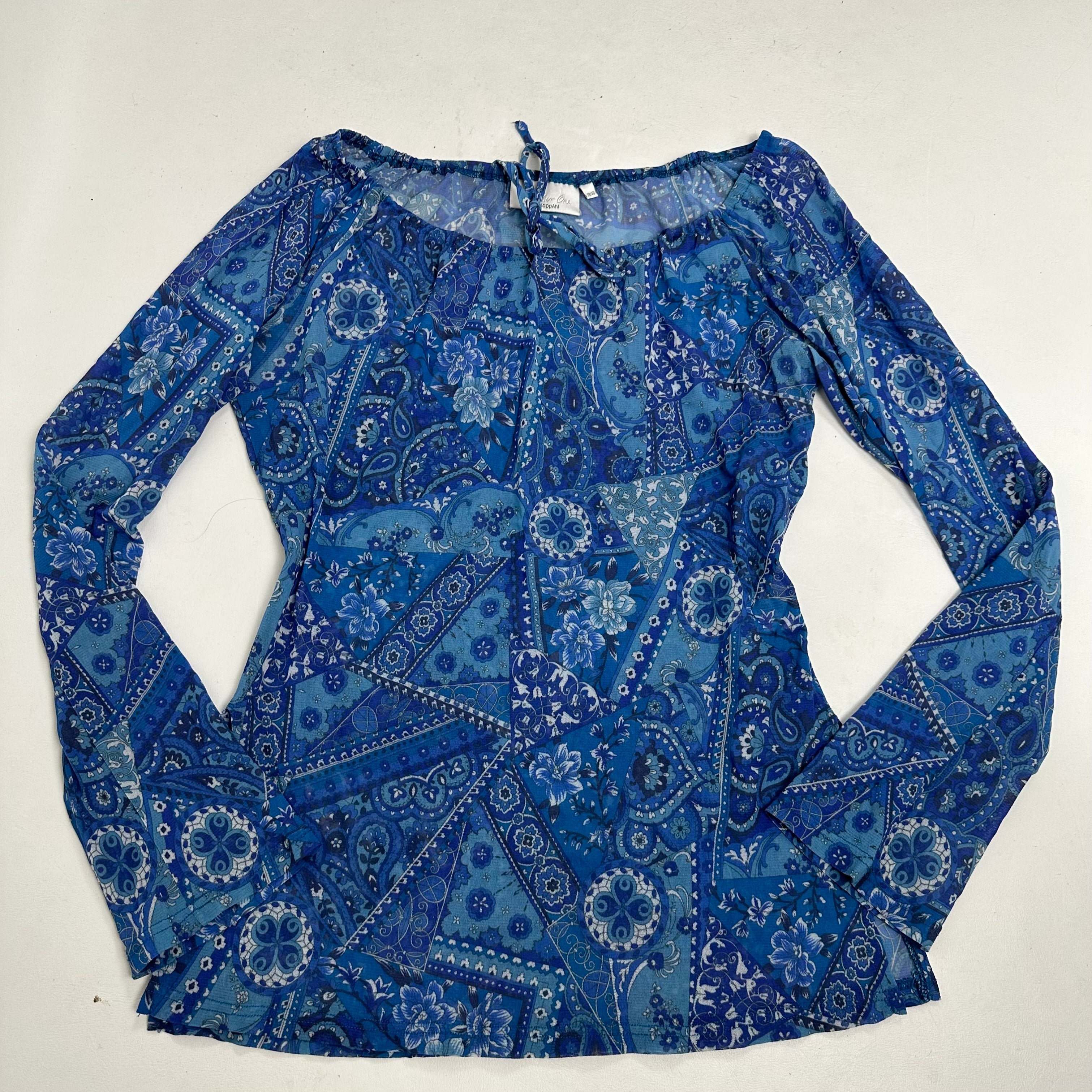 Blue mesh paisley off shoulder top