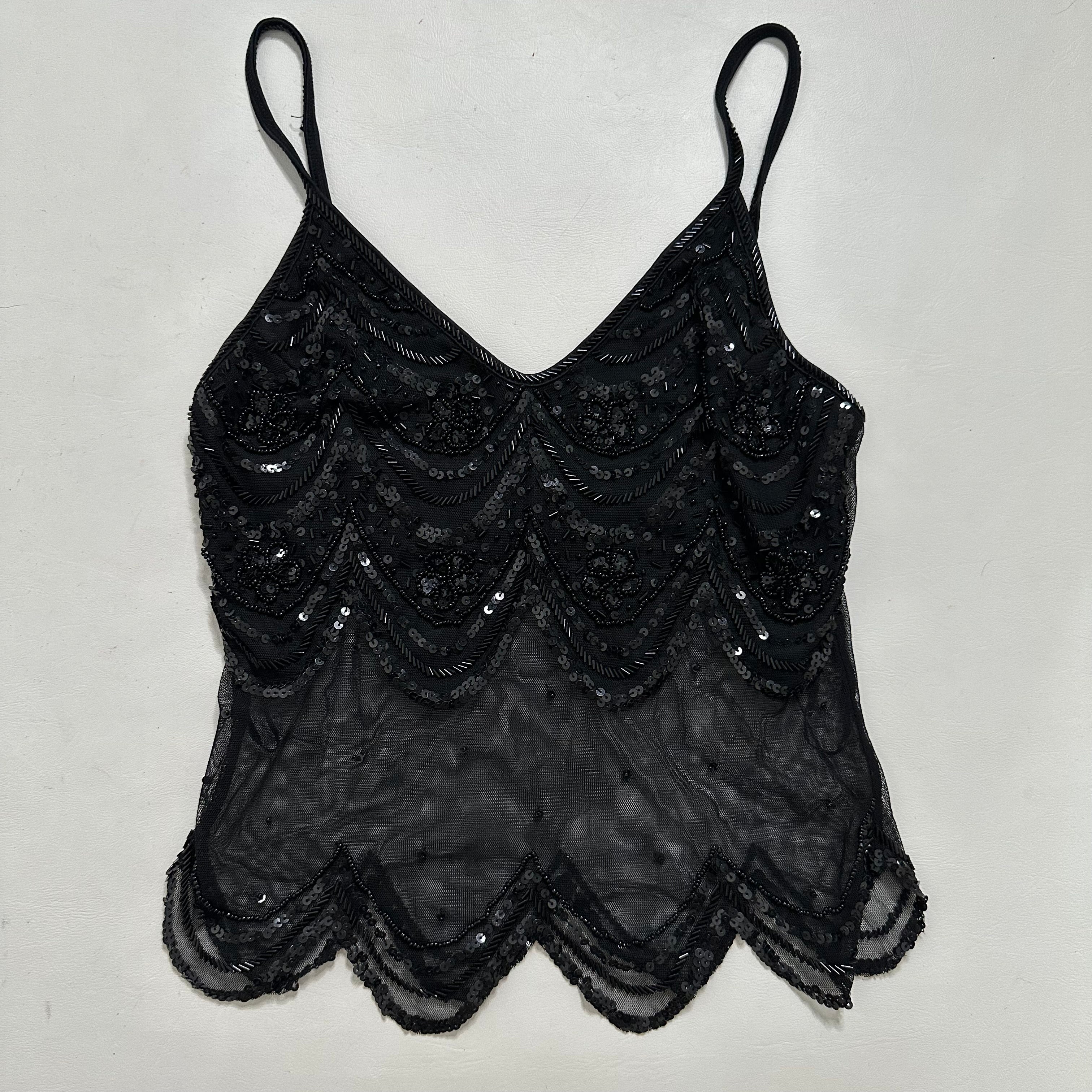 Bebe black mesh sequin embellished top