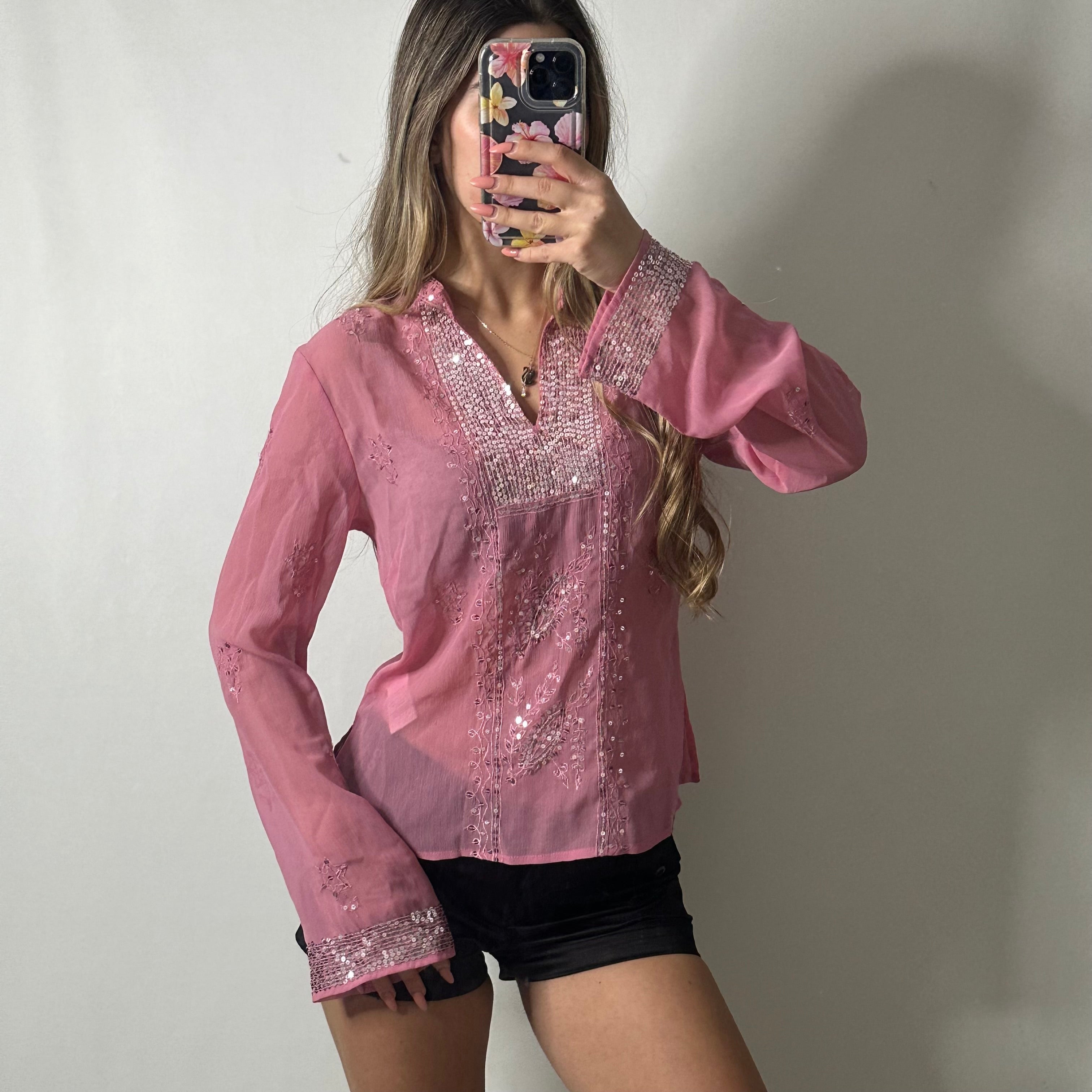 Pink mesh sequin top