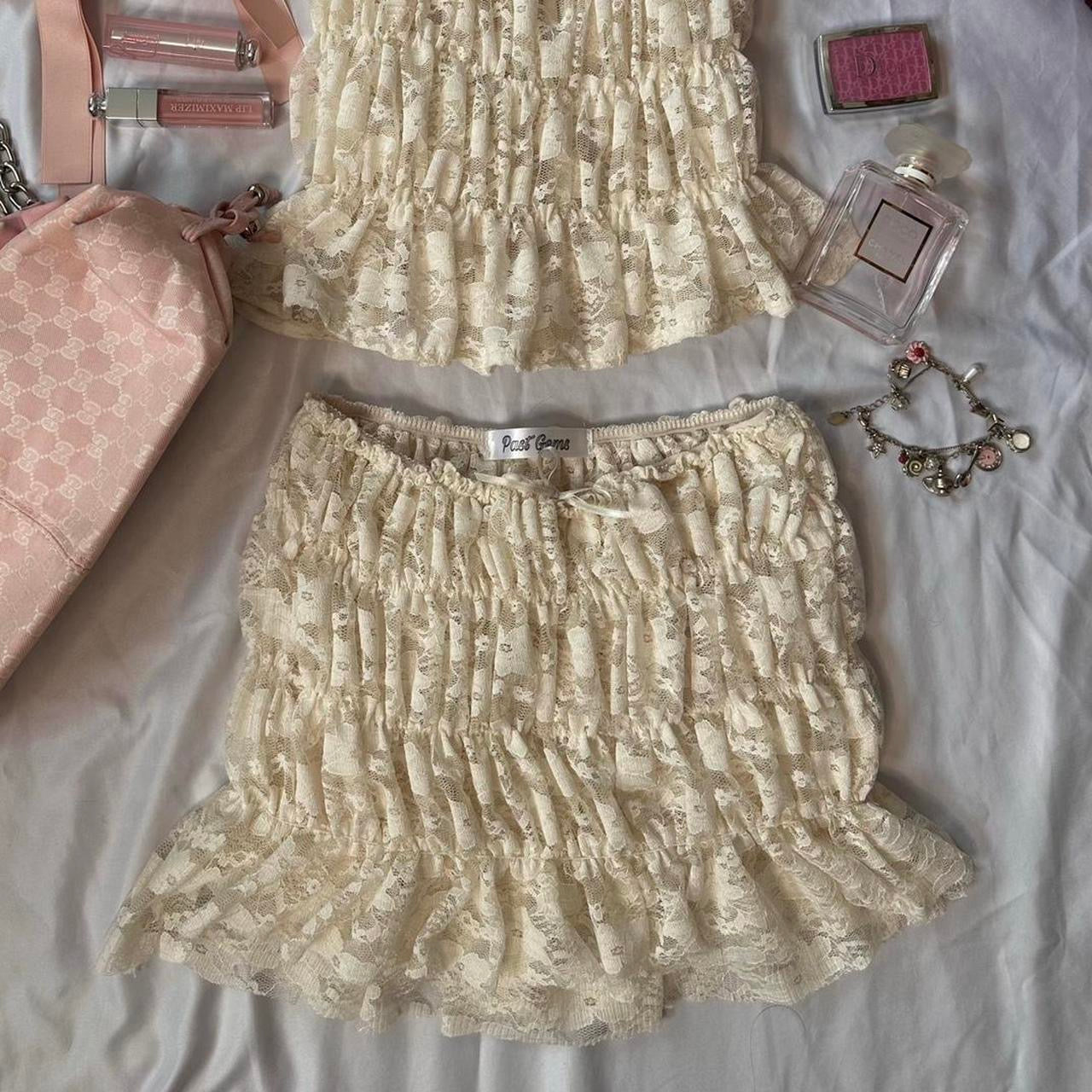 Past Gems ruffle ruched lace skirt