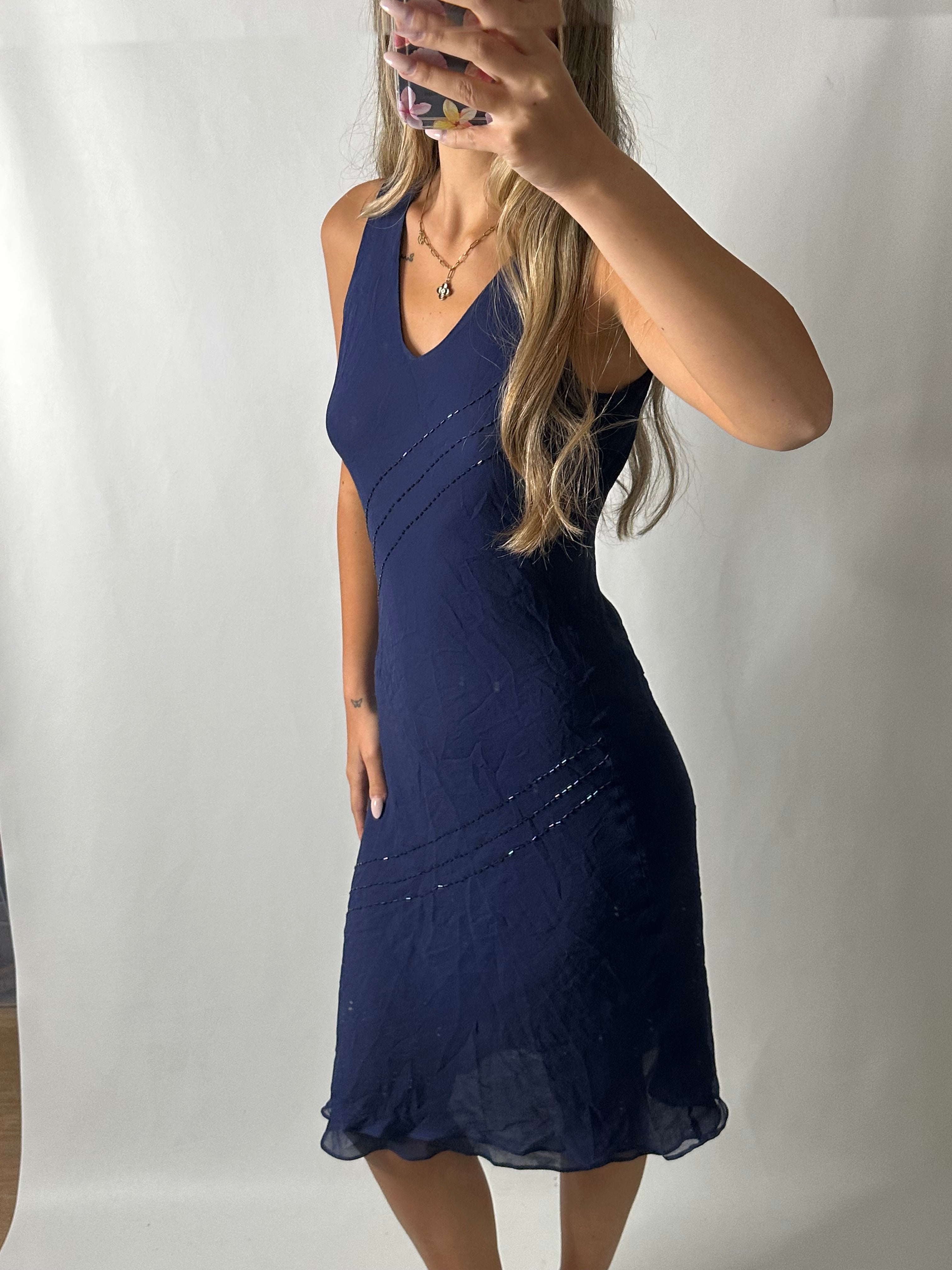 Silk navy midi dress with sequins