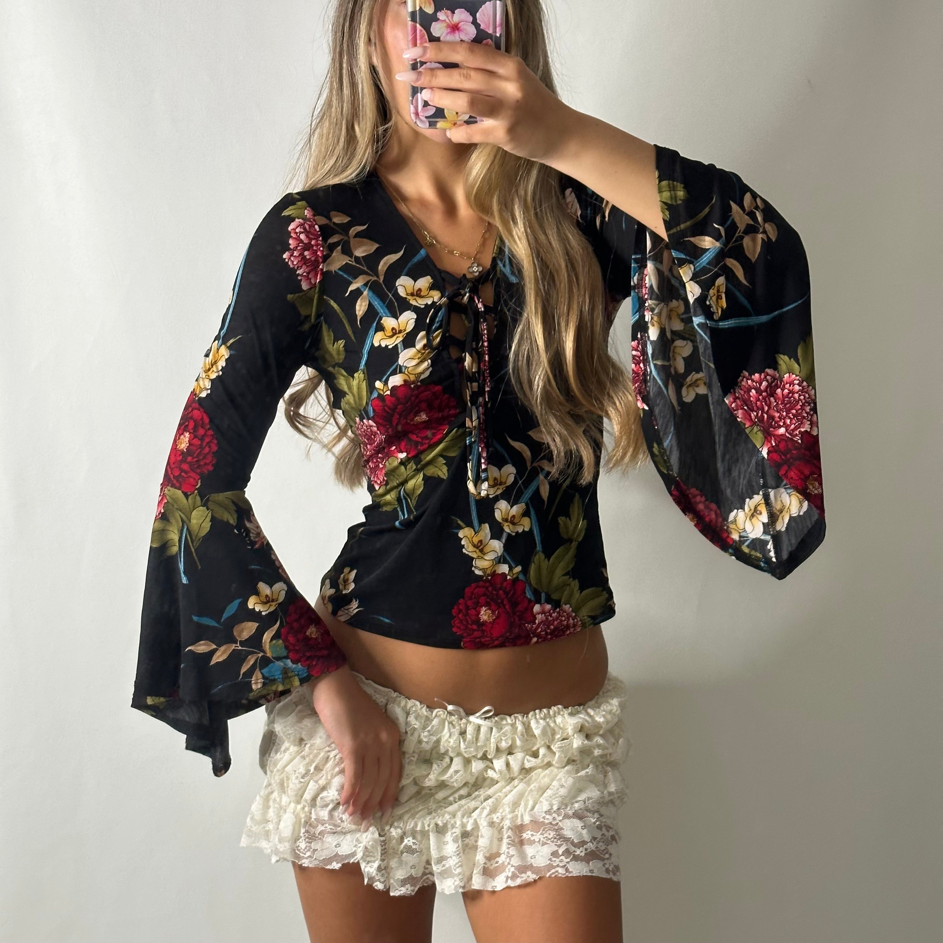Flared sleeve bell bottom floral mesh top