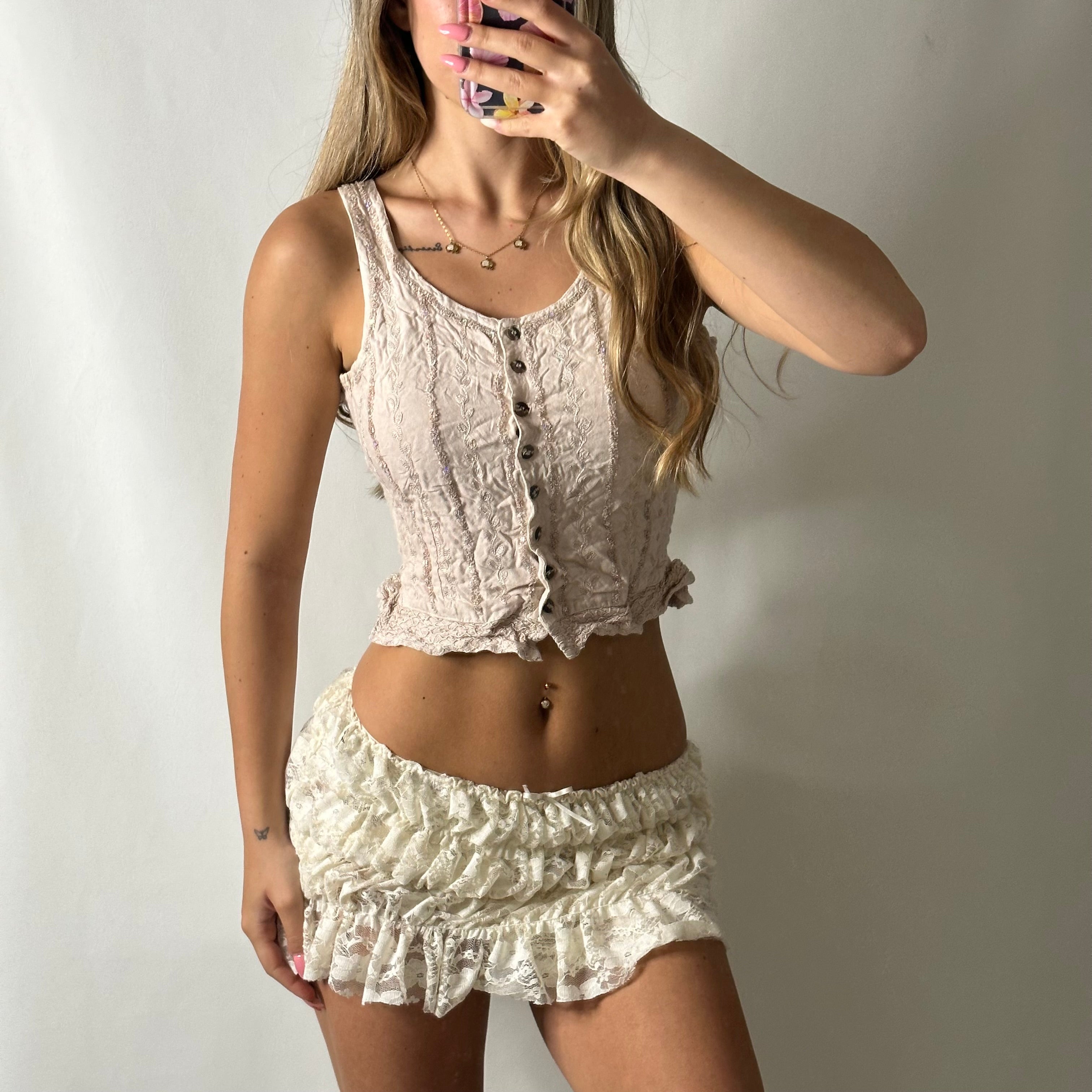 Linen sequin button up top