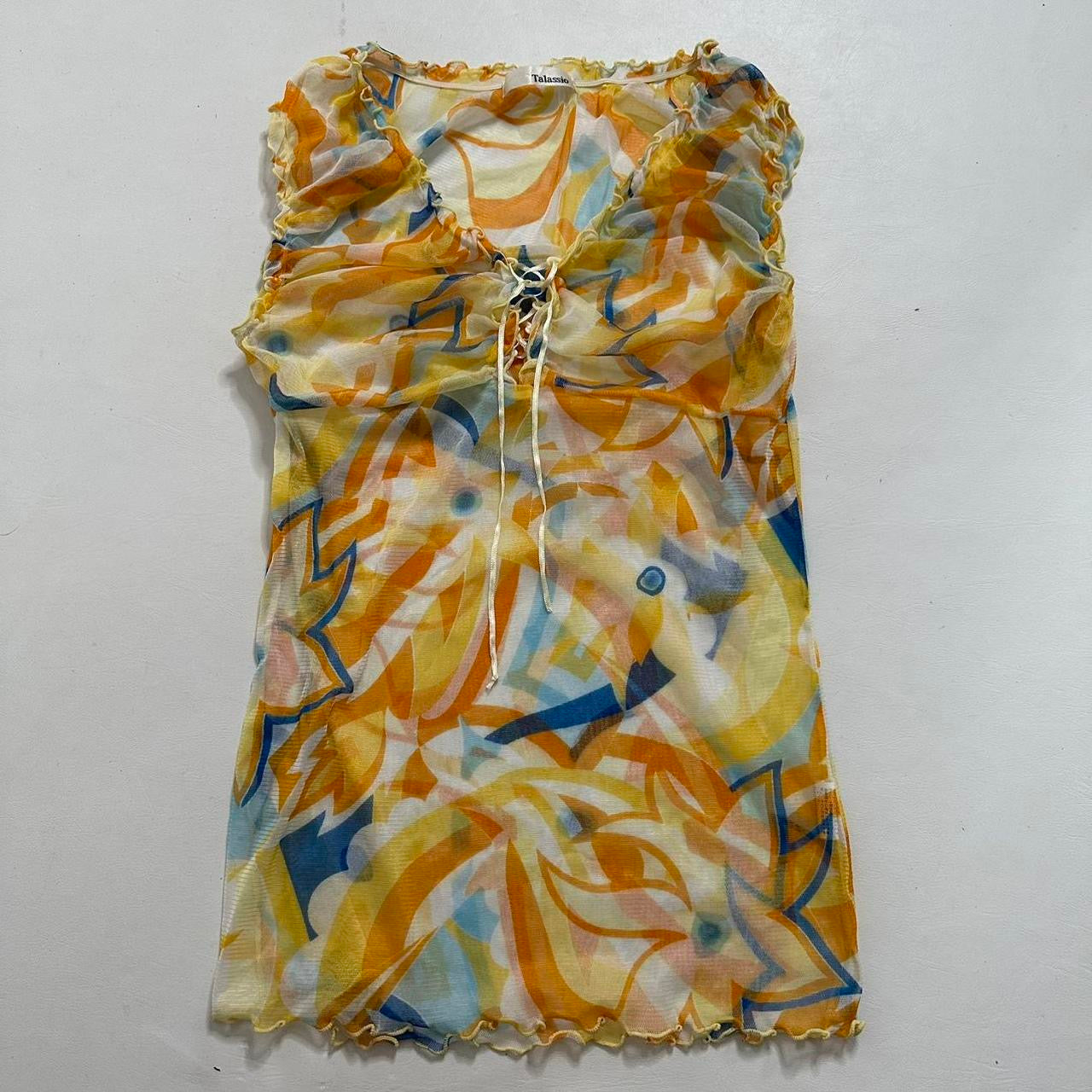 Yellow mesh swirl print top