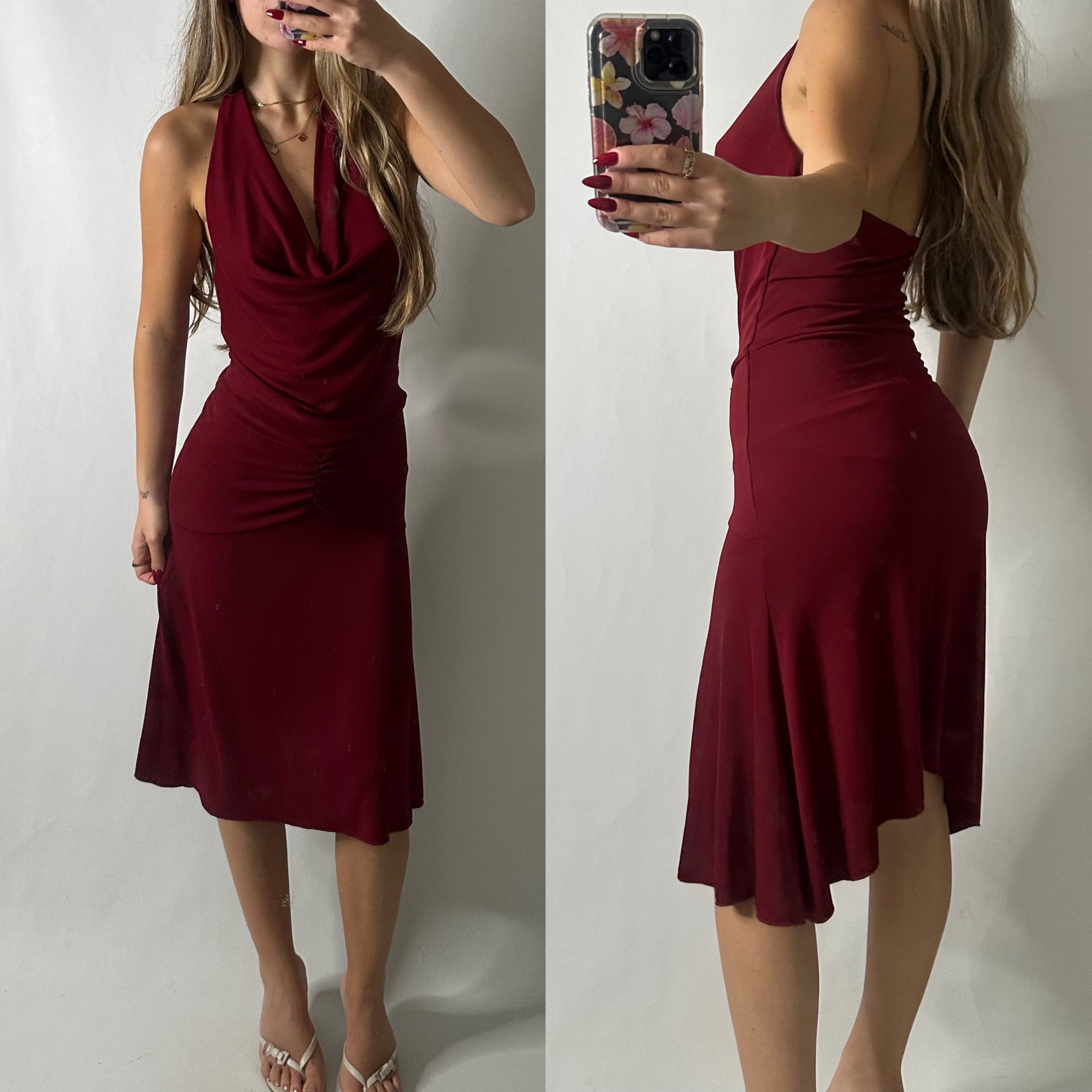 Burgundy halter cowl neck ruched dress