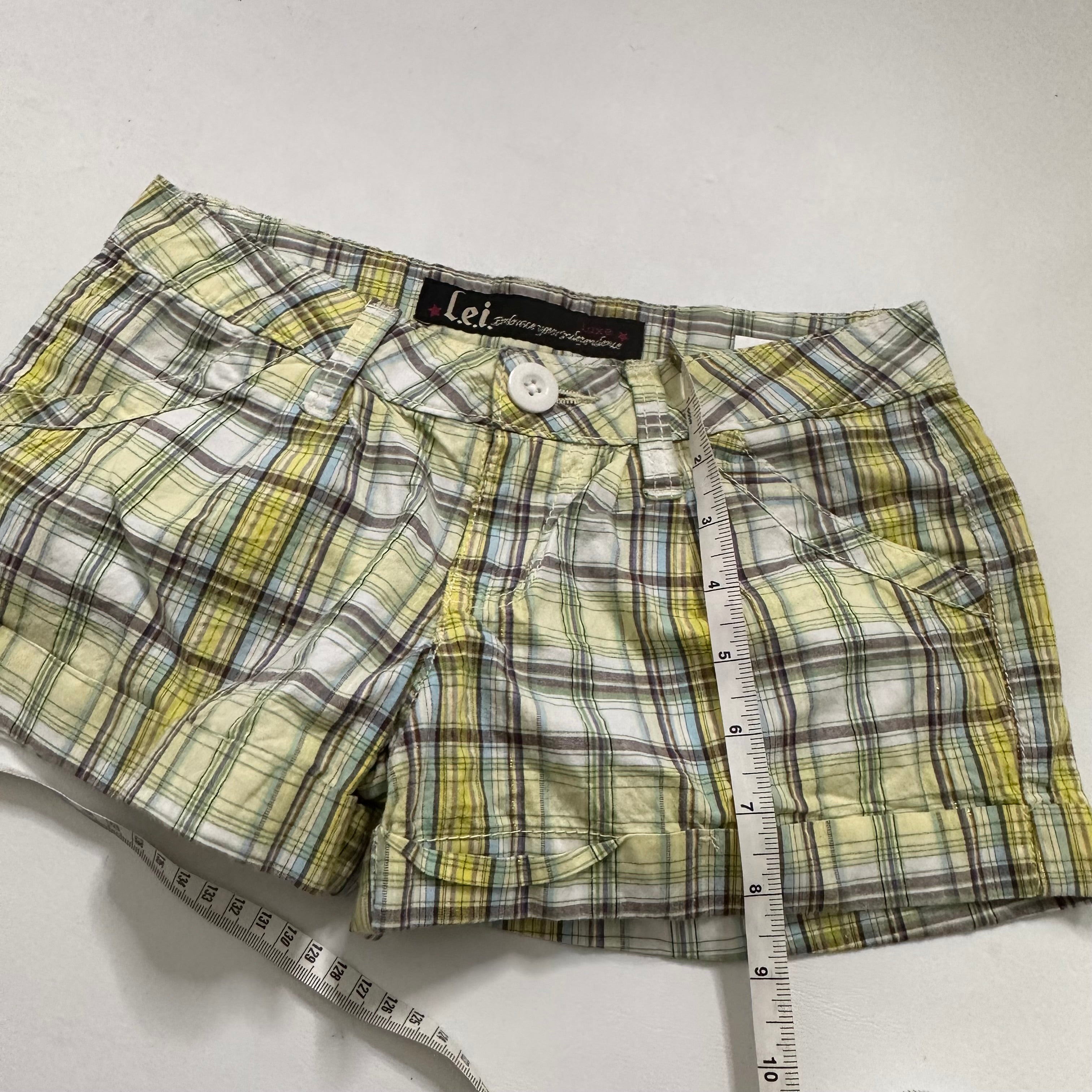 Green checkered plaid shorts