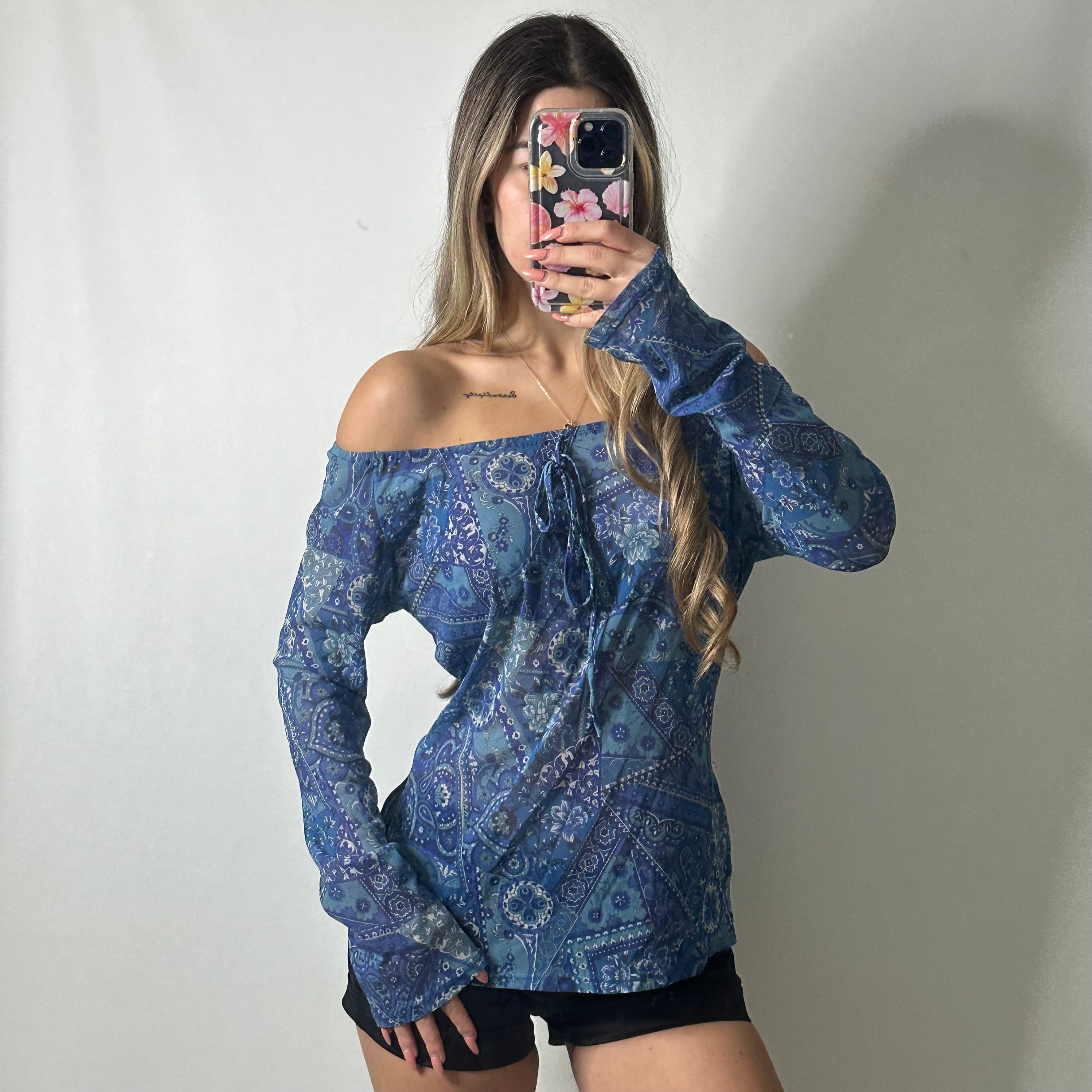 Blue mesh paisley off shoulder top
