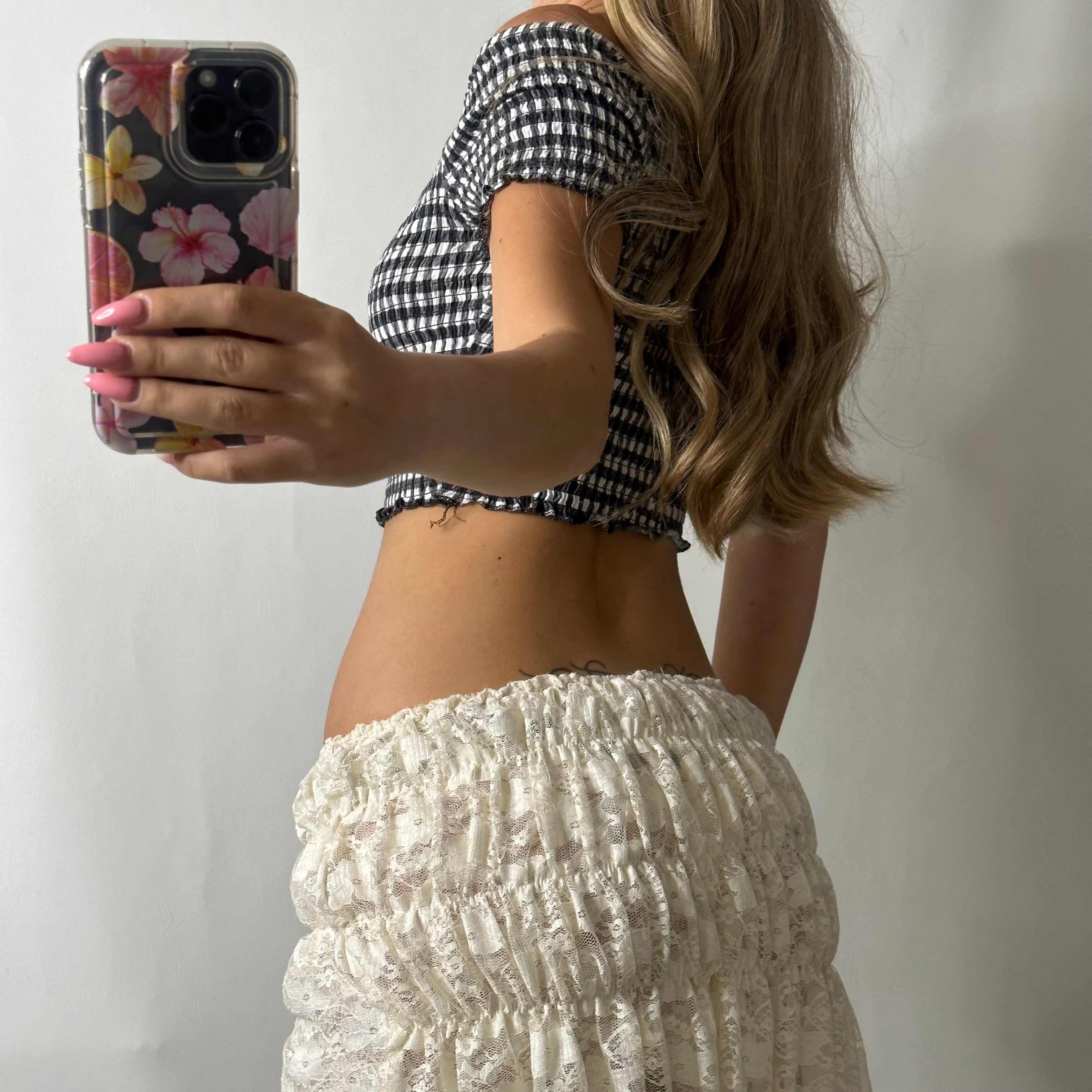 Off shoulder plaid ruched top