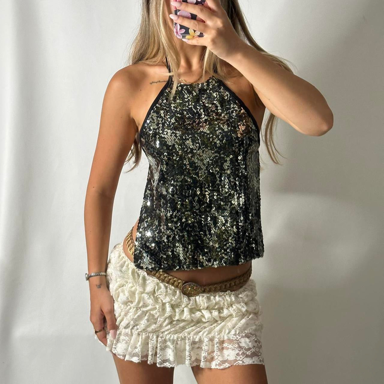 sequin backless halter top