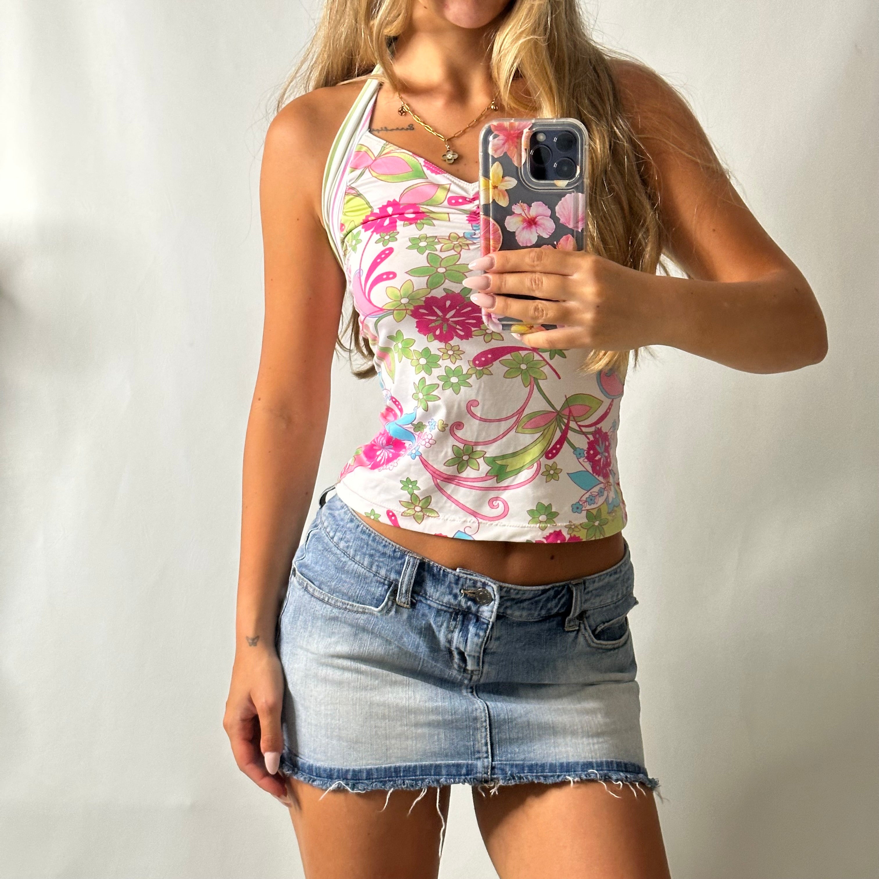 Denim low rise mini studded skirt